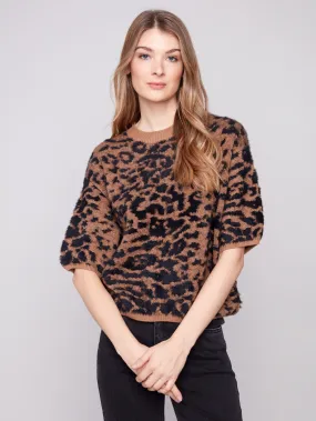 Balloon Elbow Sleeve Knit Sweater - Leopard Comfy Wardrobe AntiPilling