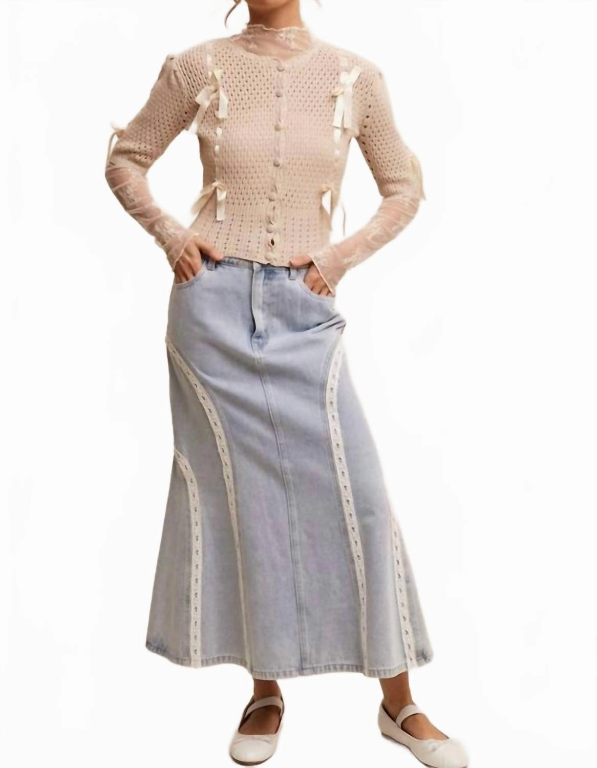 Pastel Knit Cardigan With Satin Bow Details In Ecru Wrinkle Resistant Versatile Outfit