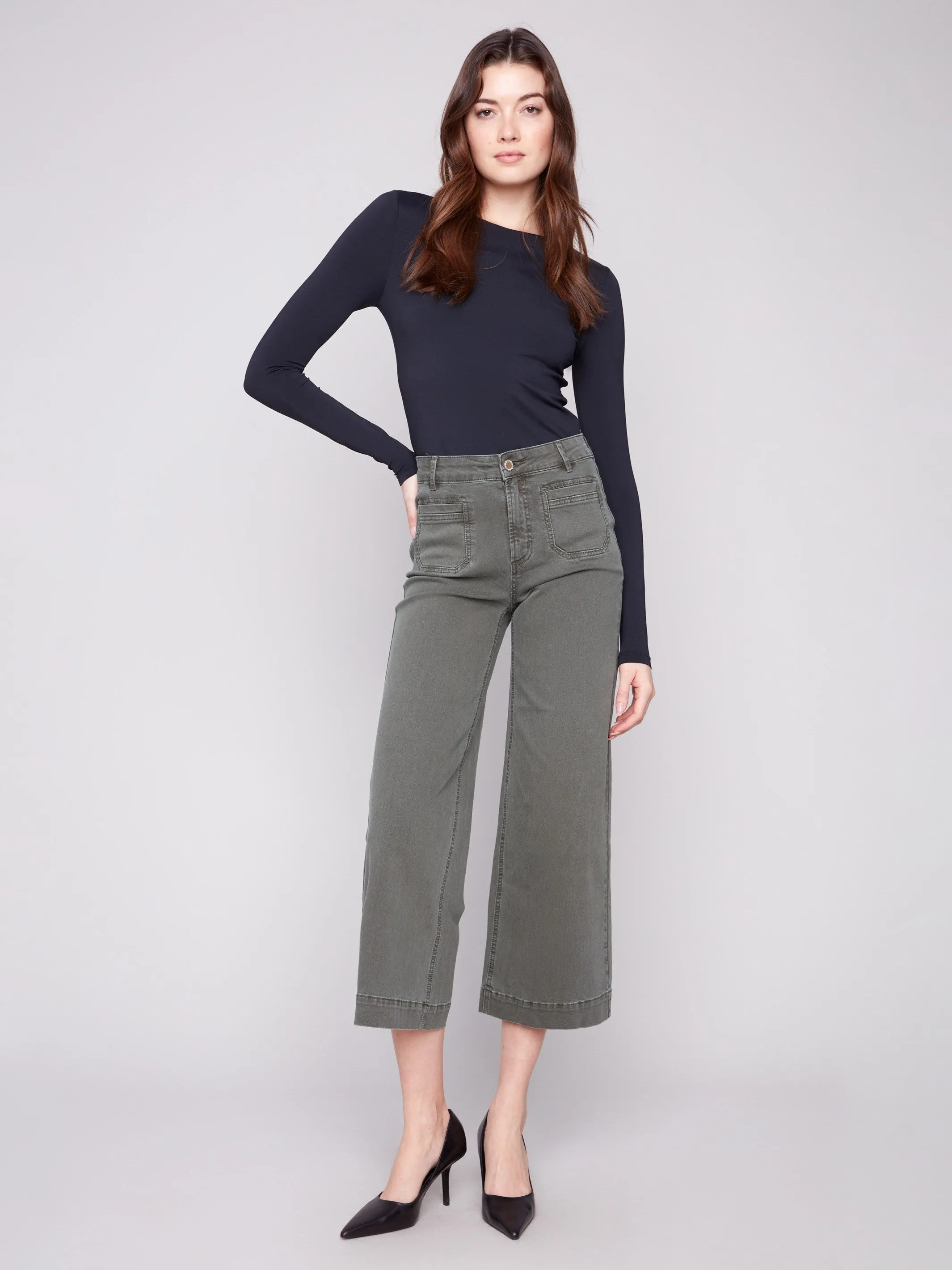 Comfy Style Casual Comfort Layers Patch Pocket Flare Twill Pants - Spruce