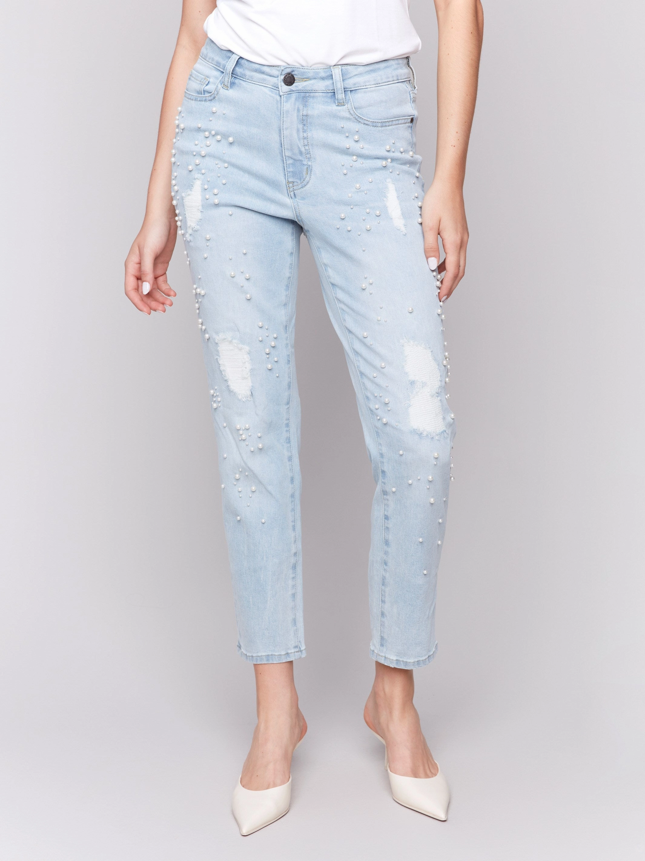 Street Smart Pearl Appliqu?? Slim Leg Jeans with Distressed Detail - Light Blue