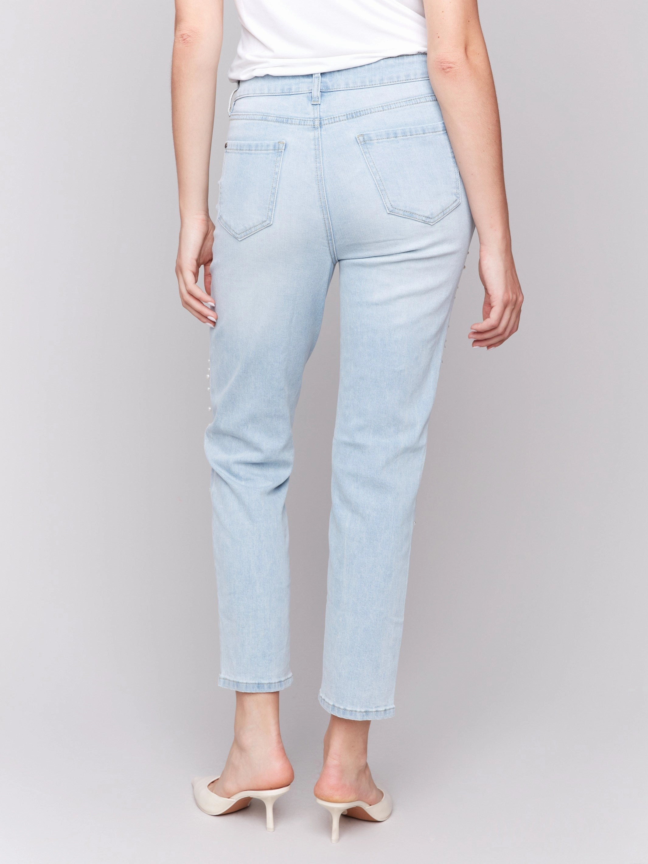 Artist Vibe Sustainable Organic Cotton Pearl Appliqu?? Slim Leg Jeans with Distressed Detail - Light Blue