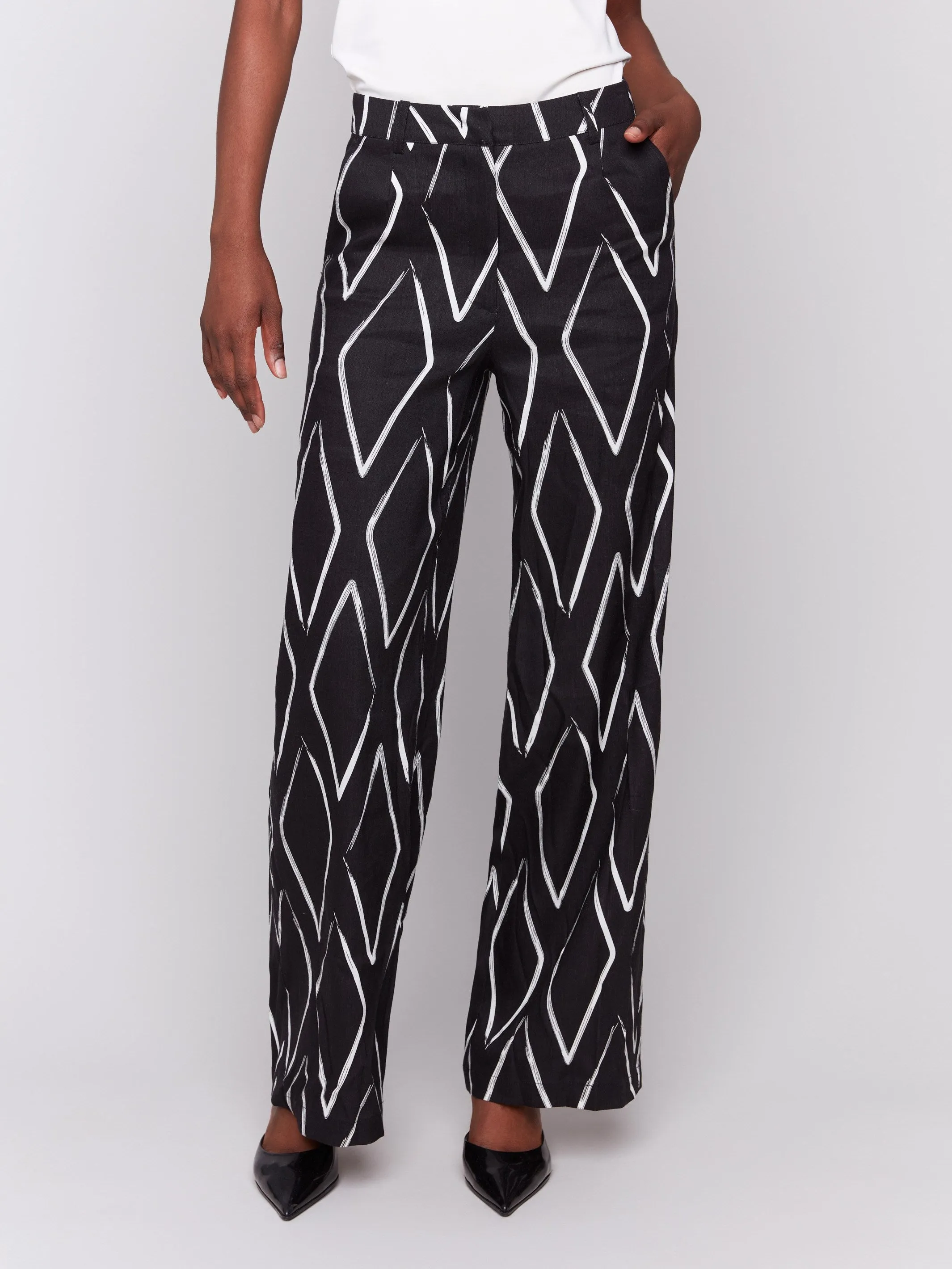 Printed Linen Blend Pants - Diamonds Movement Support