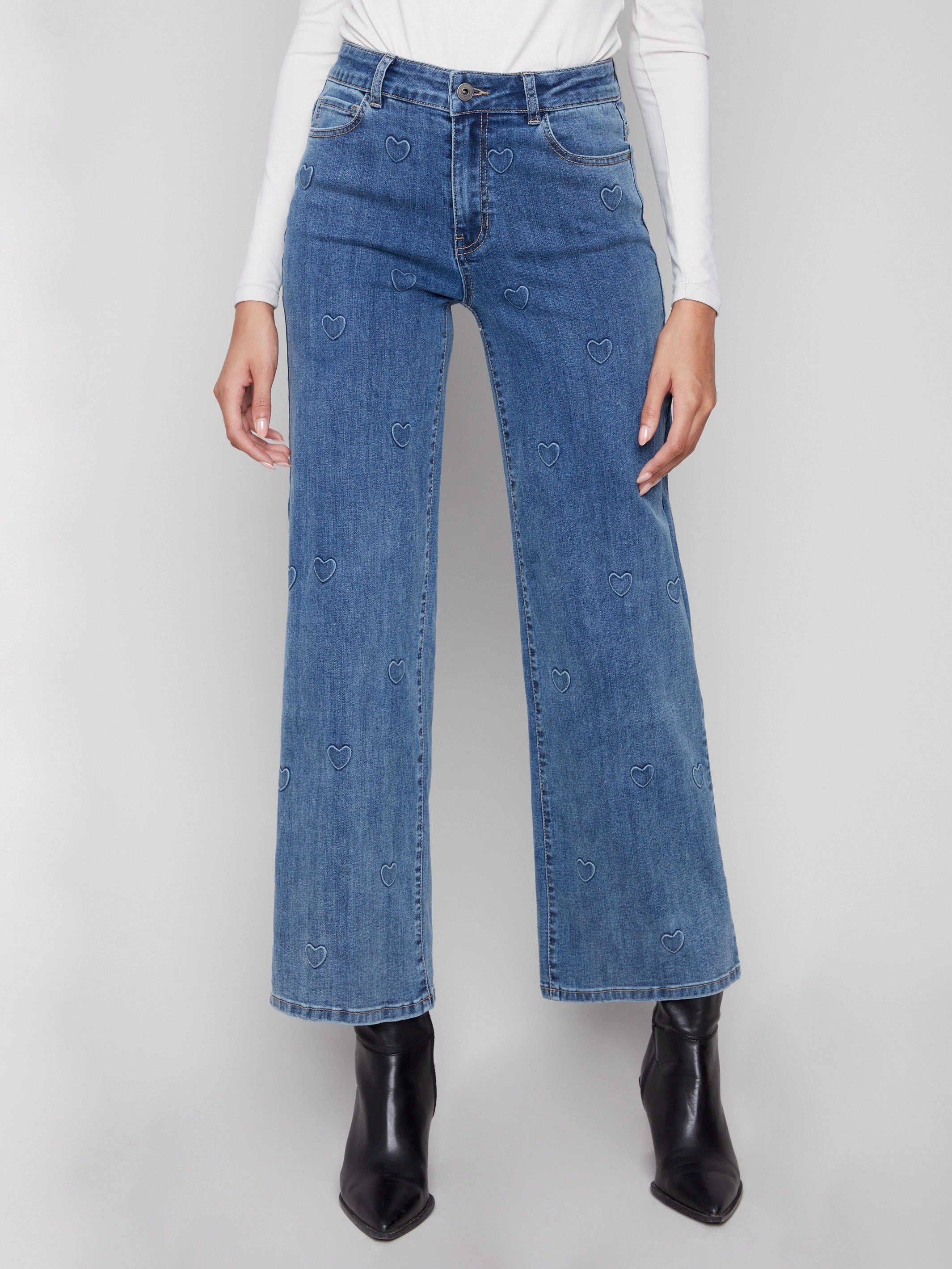 Wide Leg Jeans With All-Over Hearts - Denim Hearts Clean Detail Total Comfort