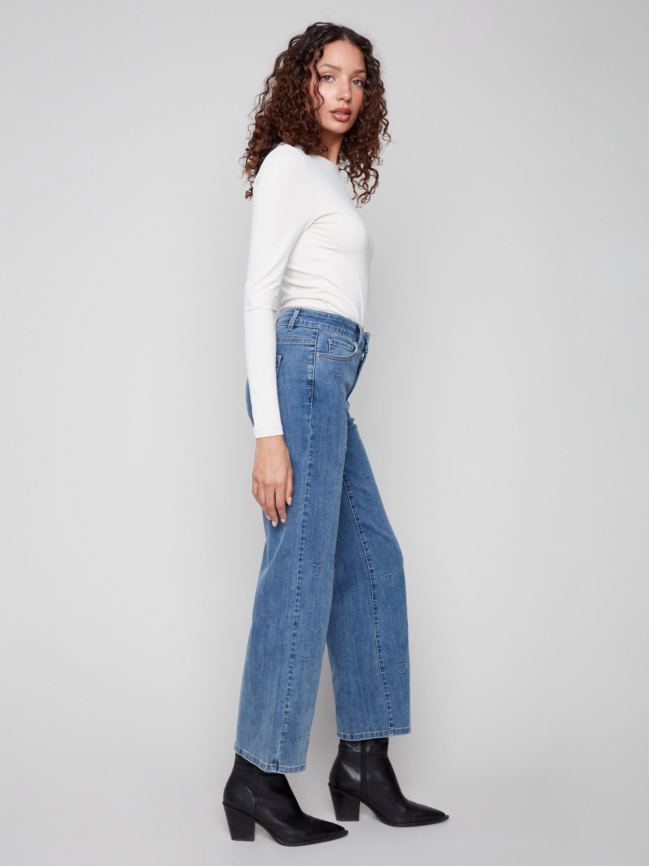 Wide Leg Jeans With All-Over Hearts - Denim Hearts Classic Item Smart Casual Modern Rainy Day