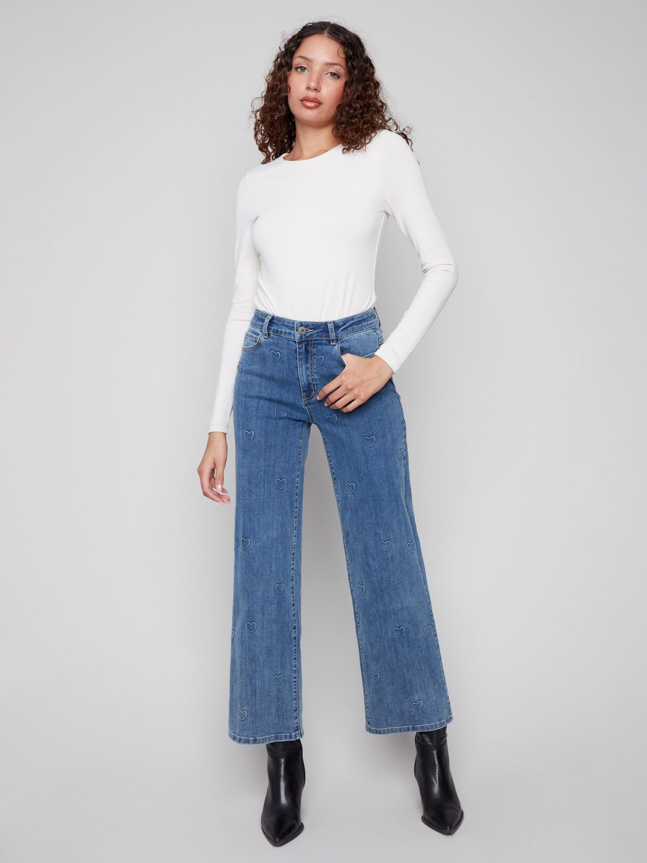 Spring Mood Smooth Work Meeting Fall Outfit Wide Leg Jeans With All-Over Hearts - Denim Hearts