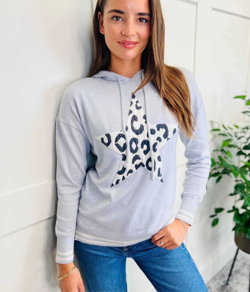 Comfy Feel Lightweight Cable Pattern Grey Animal Star Hooded Jumper