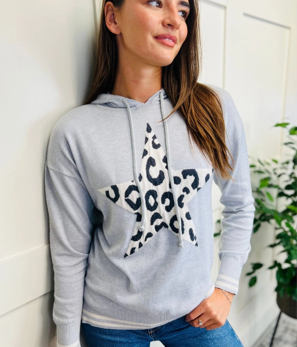 Comfortable Stretch Performance Fit Wear Grey Animal Star Hooded Jumper