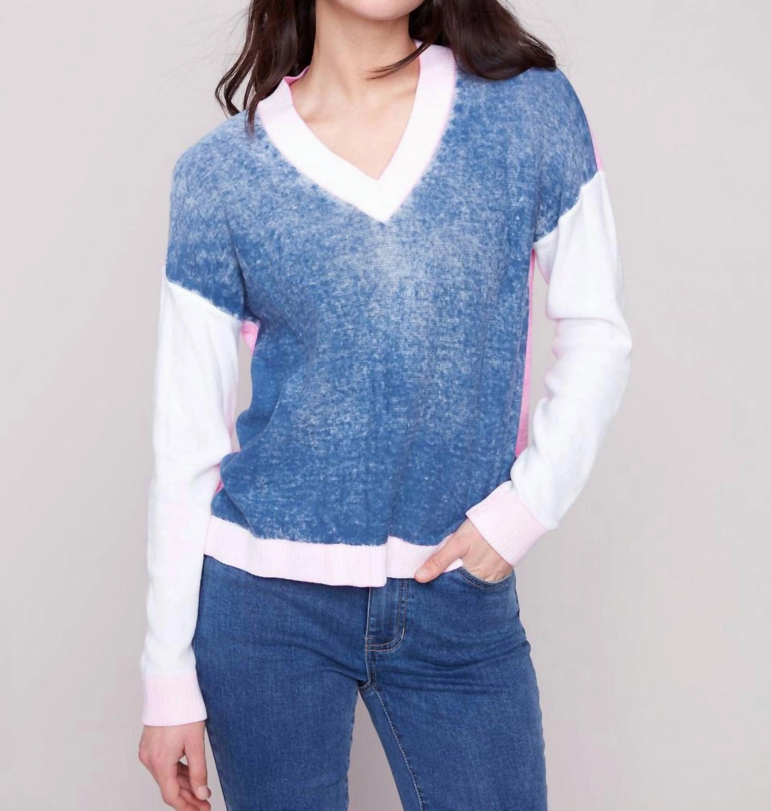 Drop Shoulder V Neck Sweater In Denim Casual Chic Look Effortless Fashion