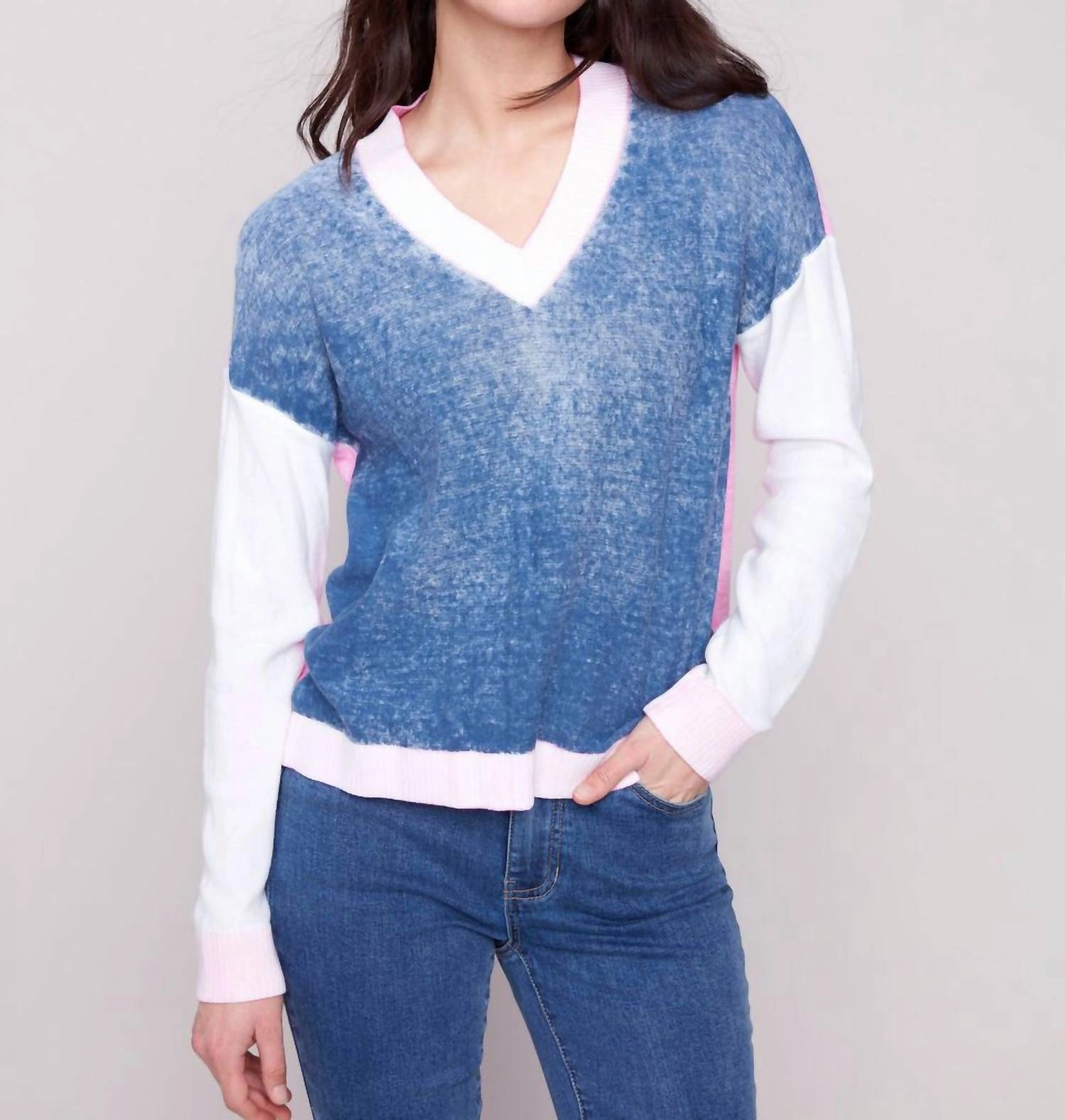 Chilly Comfort Look Drop Shoulder V Neck Sweater In Denim