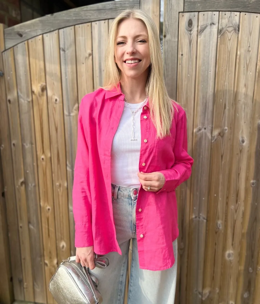 Pink Pure Linen Oversized Shirt Double Stitched Hem AdjustableNeckline