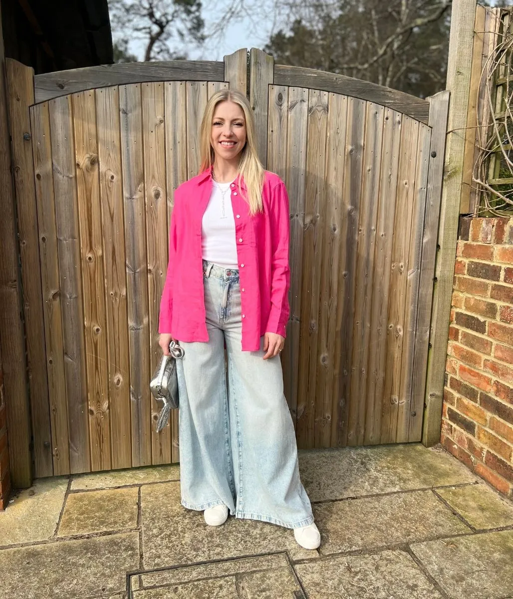 Pink Pure Linen Oversized Shirt Flexible Knit