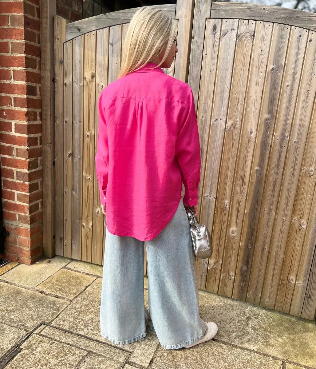 Pink Pure Linen Oversized Shirt Moisture Management Fabric Button Down Collar Style