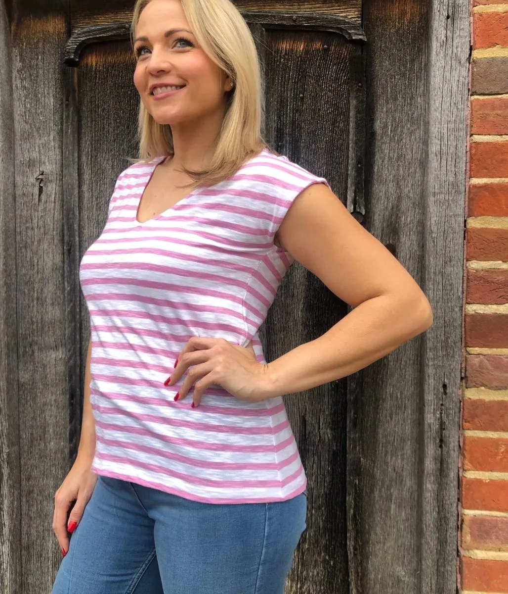 ZeroWasteProduction Pink Striped Cotton V Neck Top