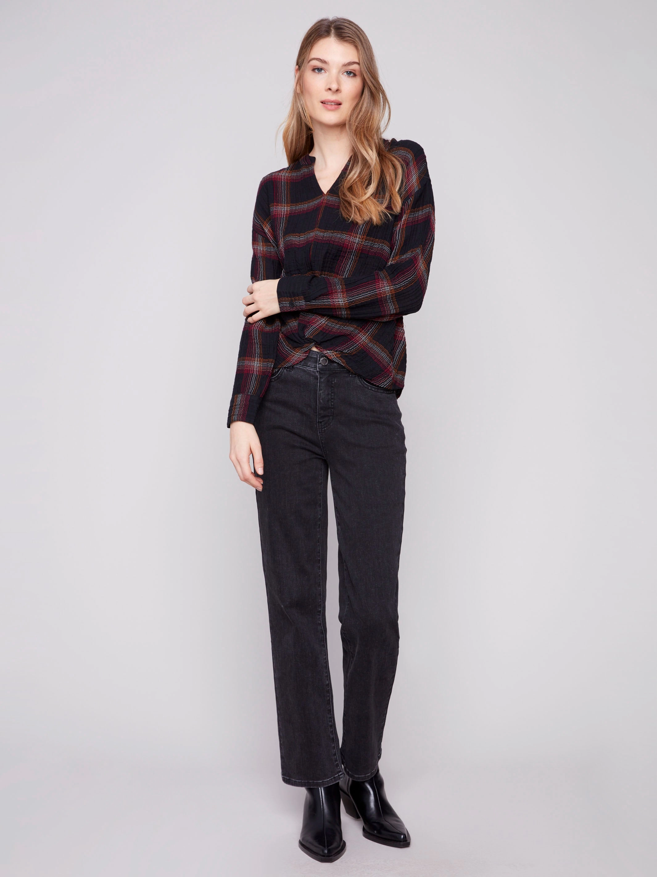 Recycled Polyester Blend Plaid Double Gauze Blouse With Front Knot - Fuschia