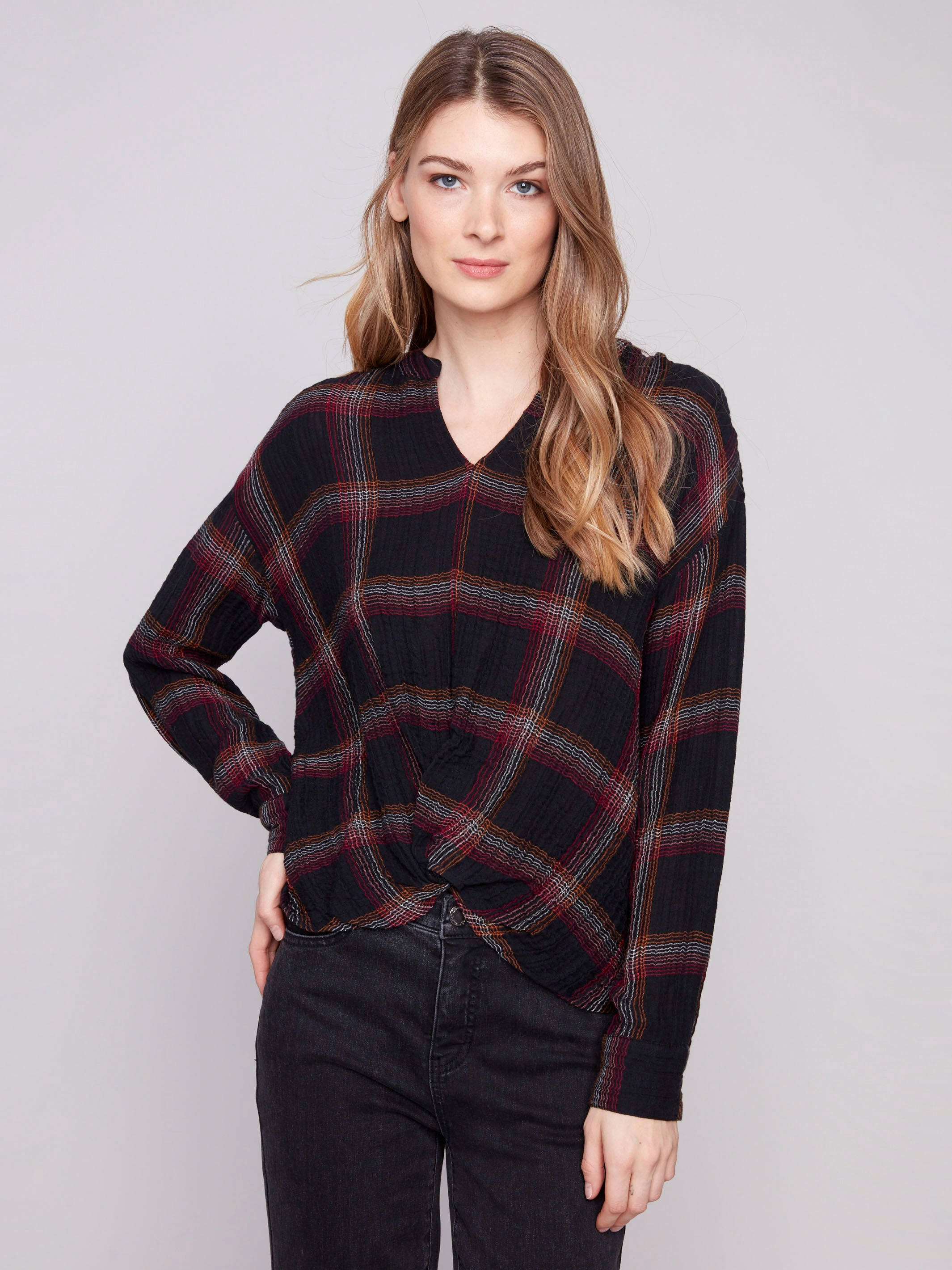 Plaid Double Gauze Blouse With Front Knot - Fuschia Brushed Inner Lining birthday celebration