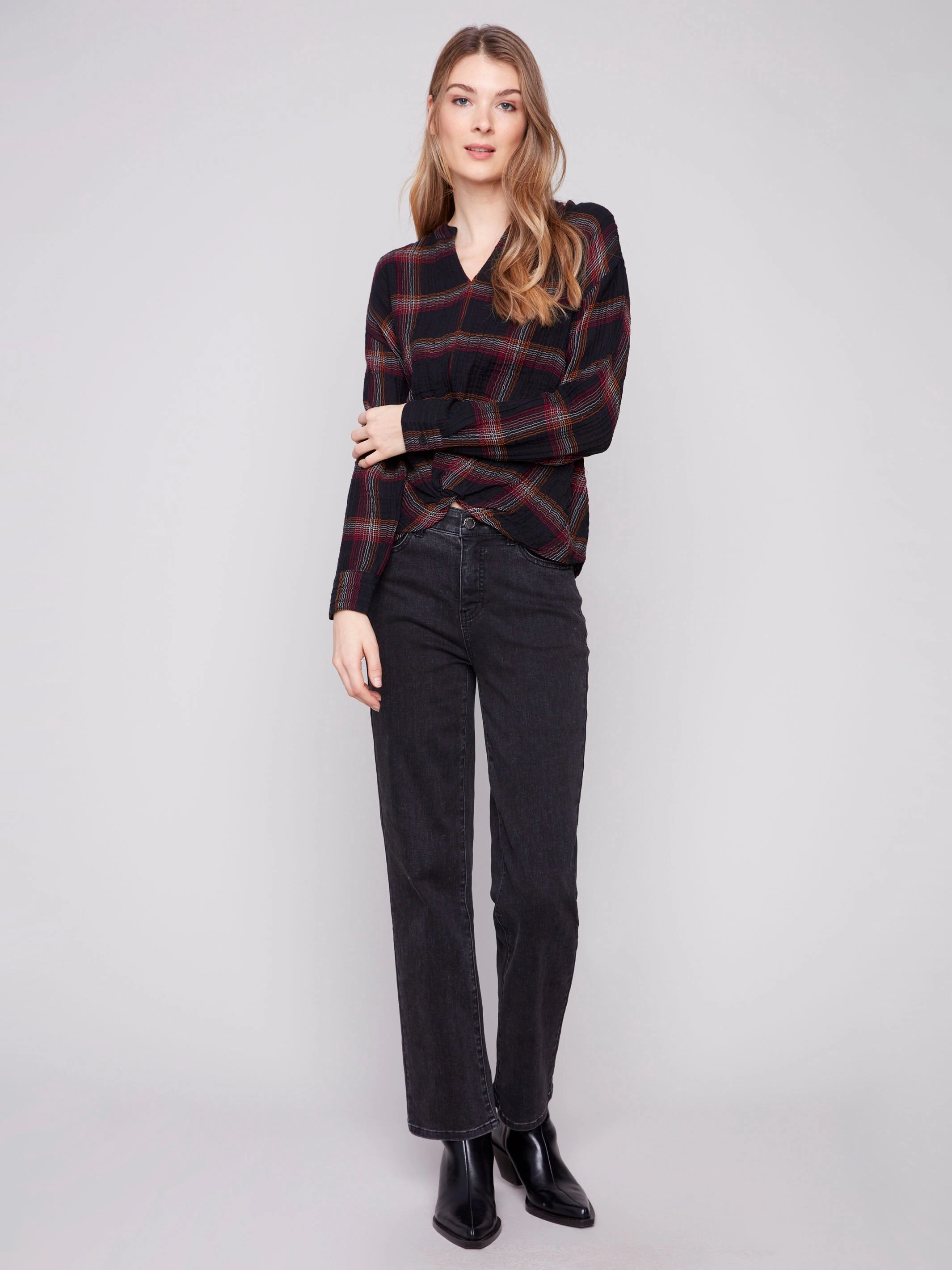 Plaid Double Gauze Blouse With Front Knot - Fuschia Handcrafted Detail Job Interview