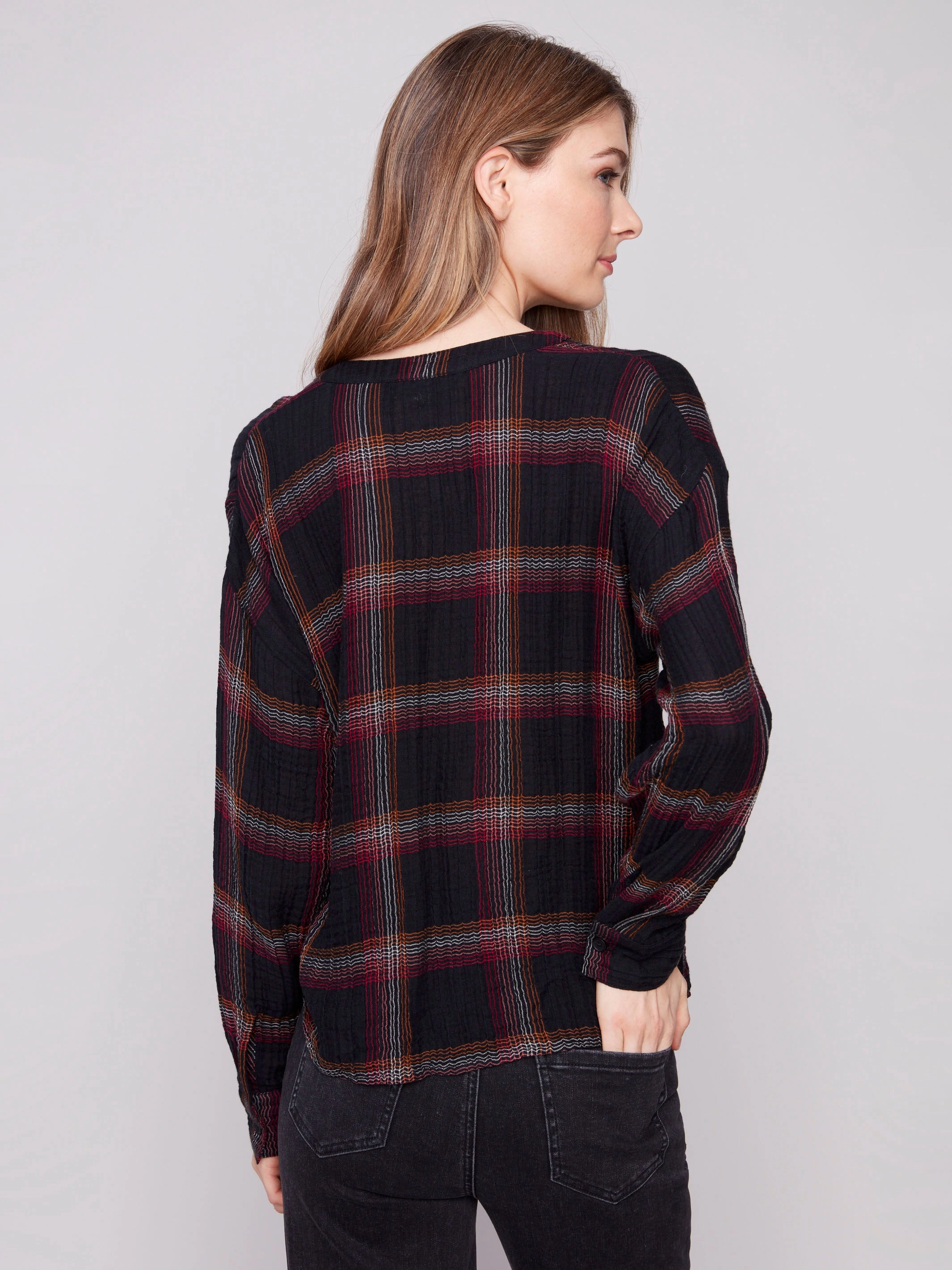 Snug feel Effortless Comfort Plaid Double Gauze Blouse With Front Knot - Fuschia