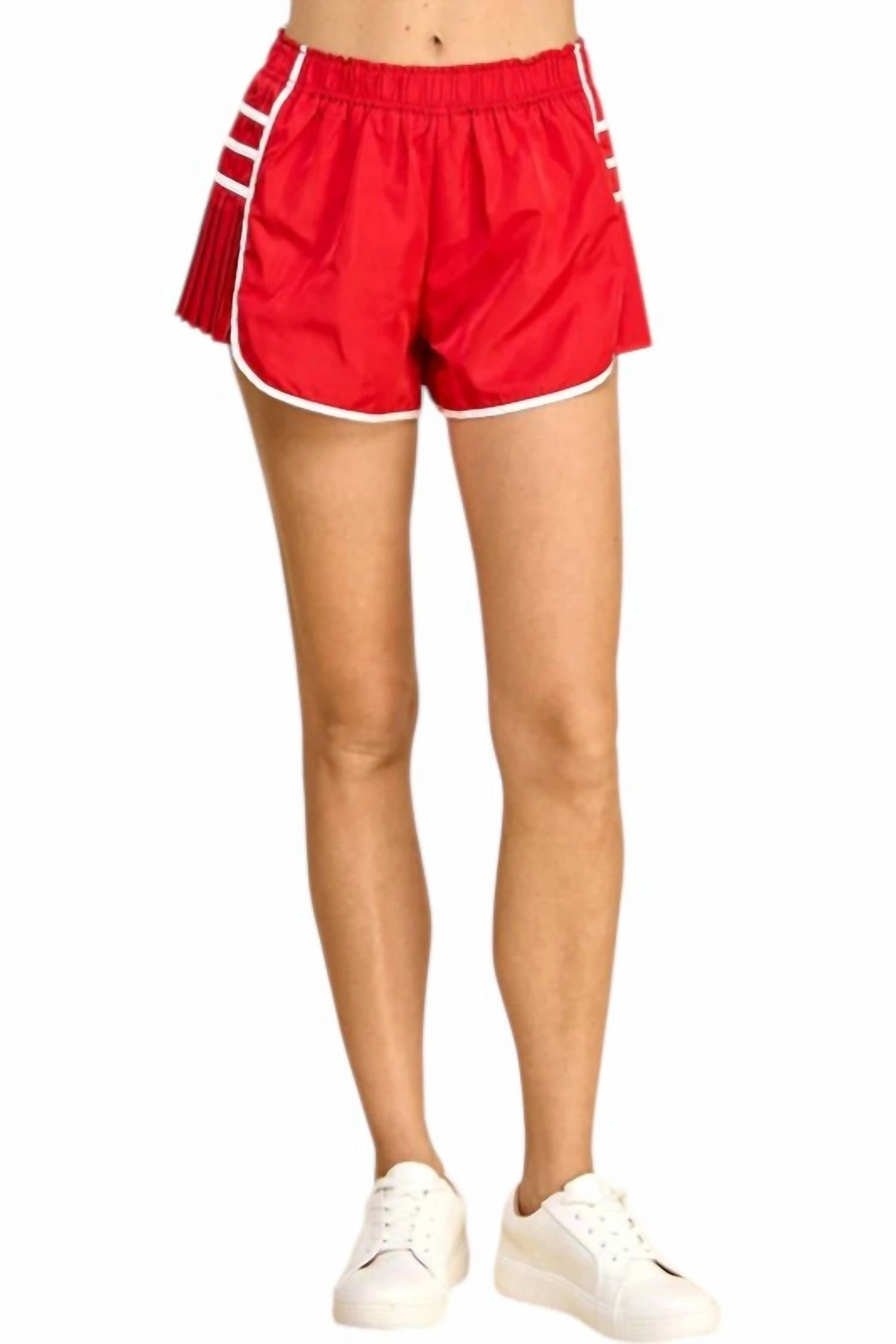 Pleated Side Active Shorts In Red Tear Resistant Weave Zipper pockets