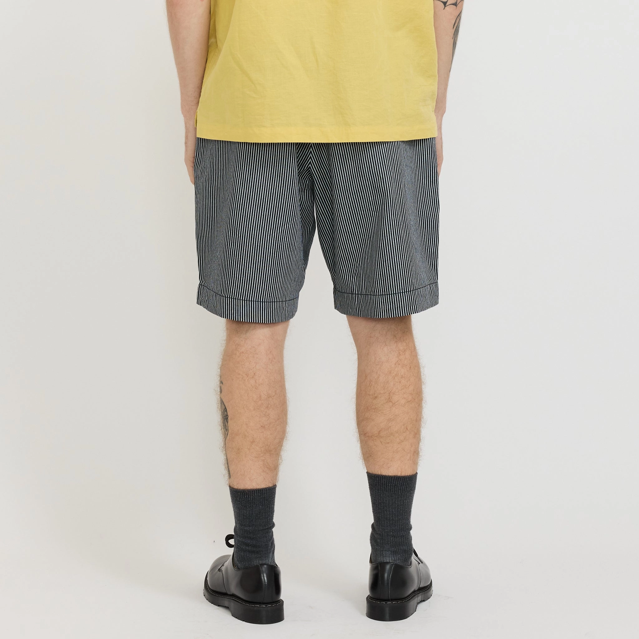 Pleated Track Short Hickory Stripe Denim Indigo beachy vibe