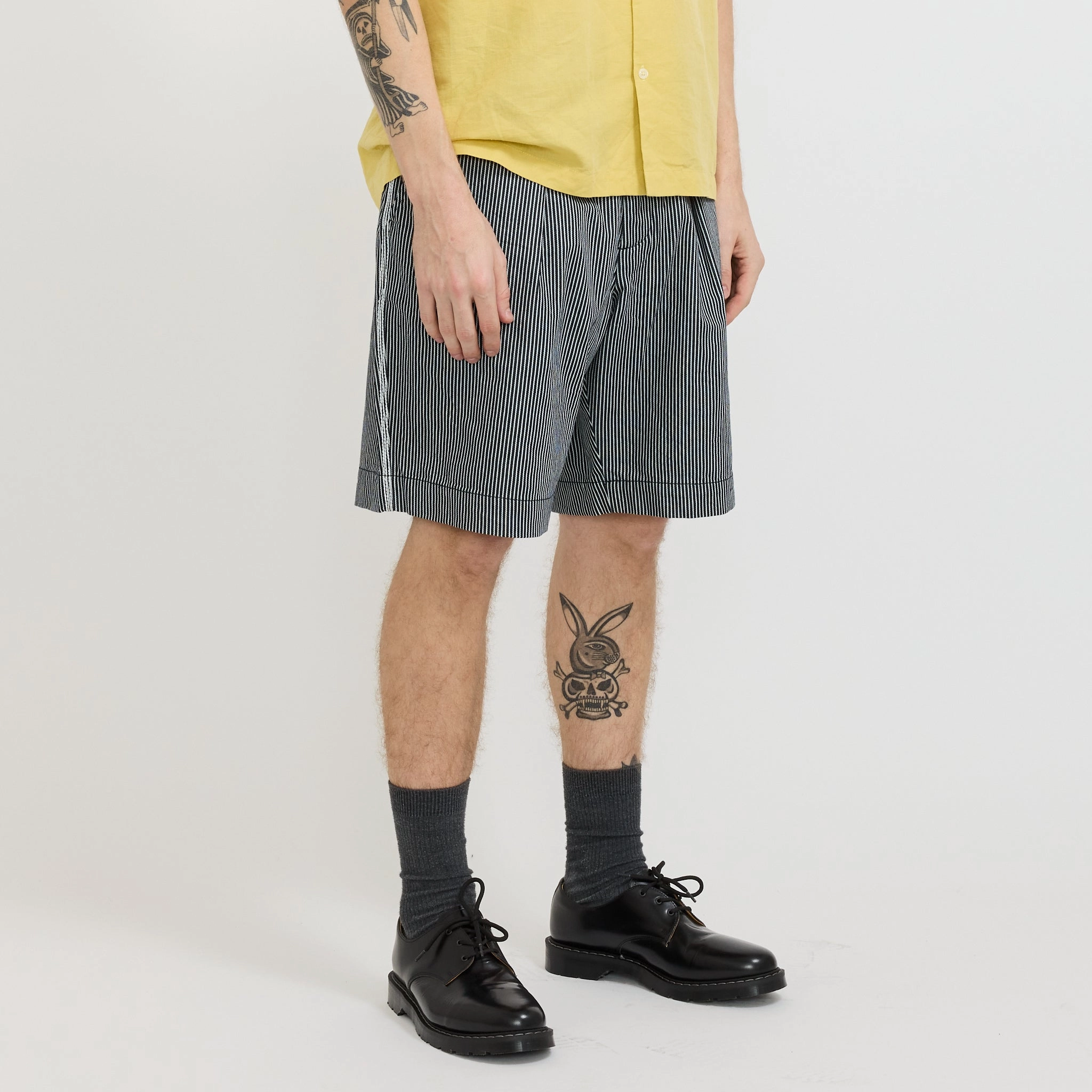 Pleated Track Short Hickory Stripe Denim Indigo Motion Support Water Repellent Finish