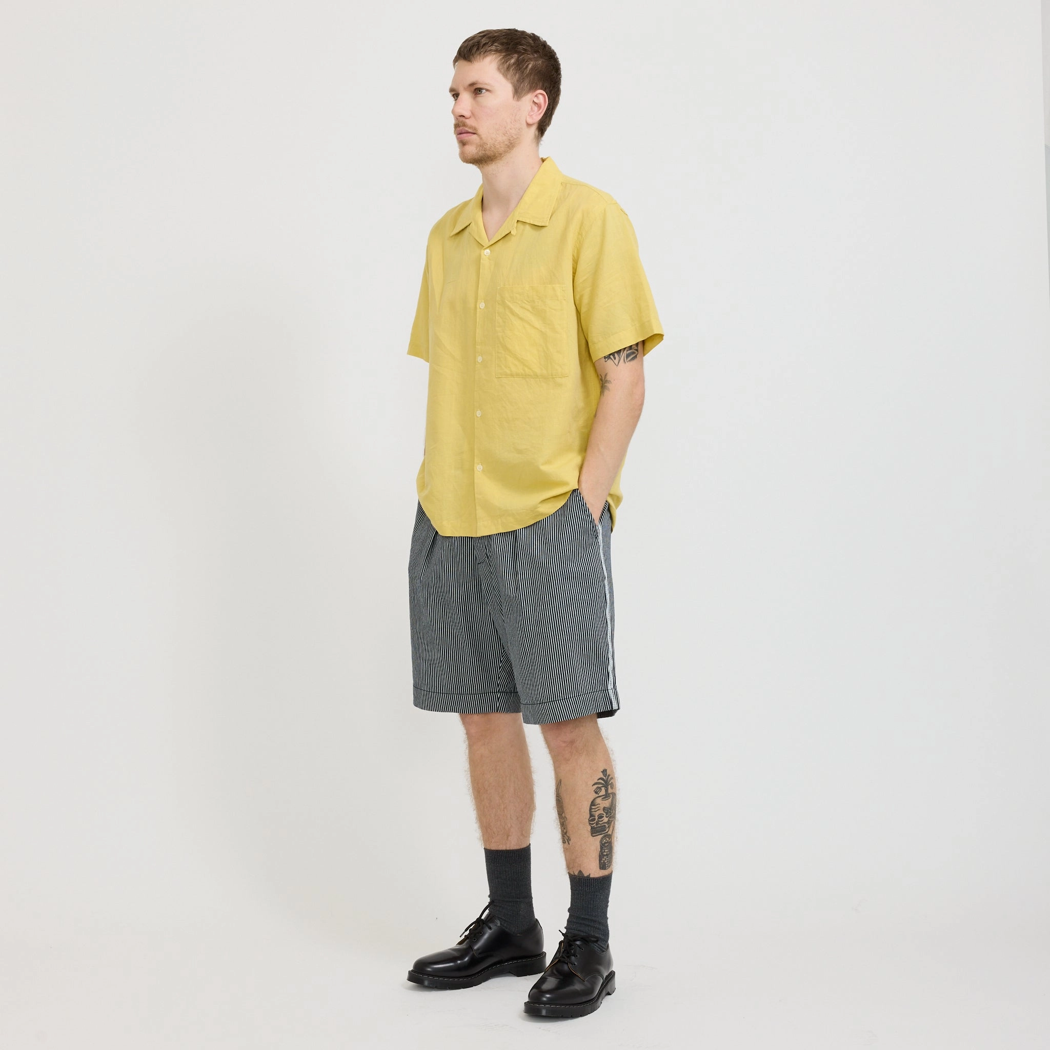 Pleated Track Short Hickory Stripe Denim Indigo Freestyle Fit Bohemian style