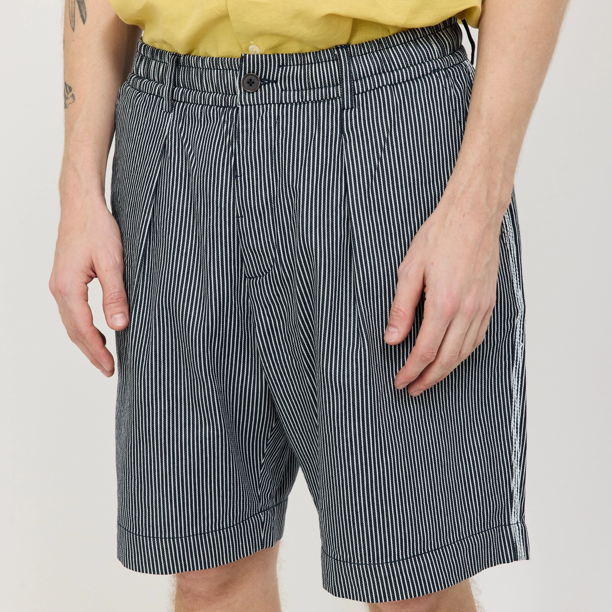 Pleated Track Short Hickory Stripe Denim Indigo Sporty Style