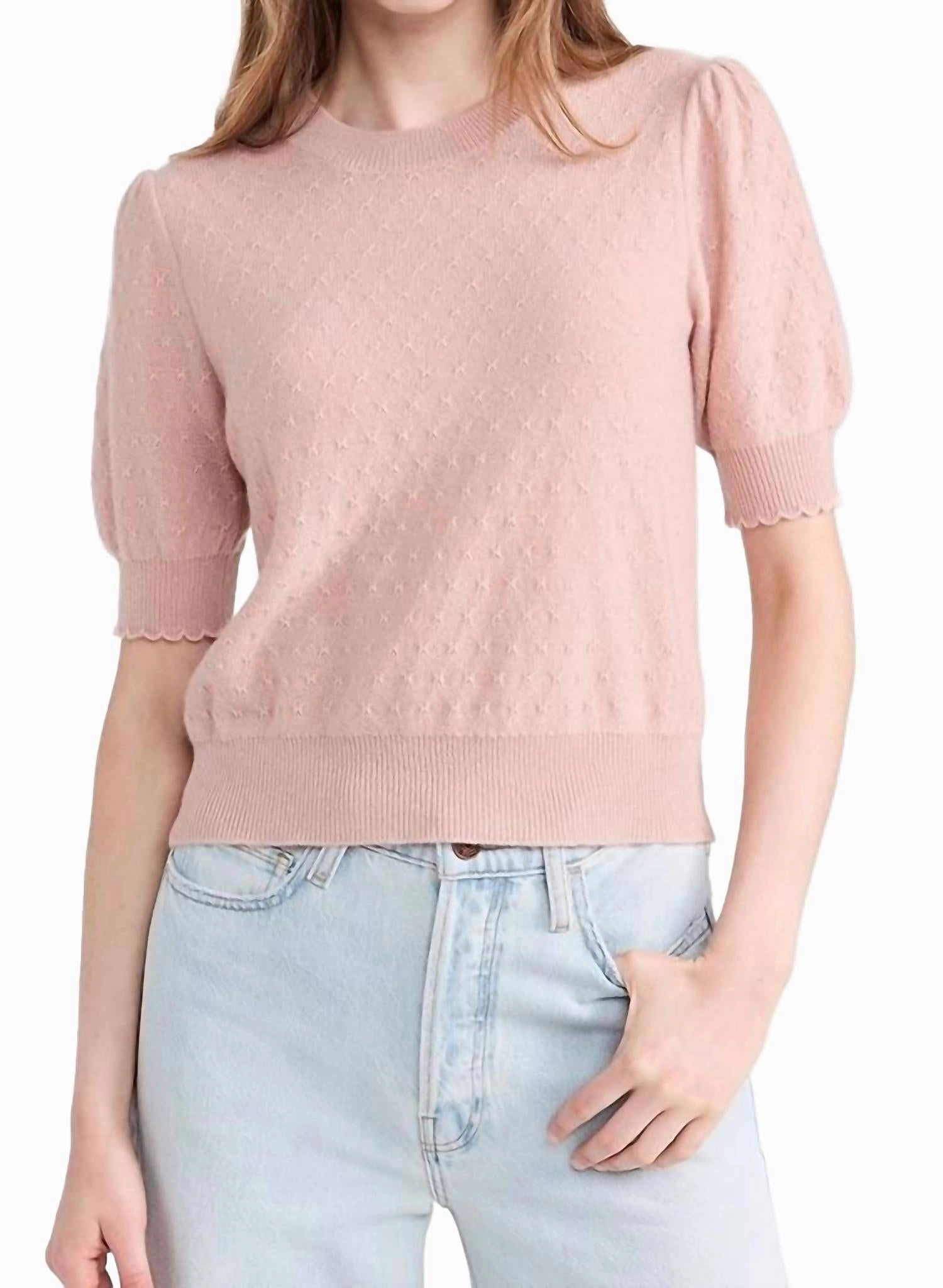 Pointelle Puff Sleeve Sweater In Peony Casual Warmth Cozy Knit Piece