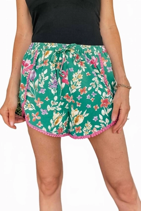 Reflective details Pom Laced Floral Shorts In Green