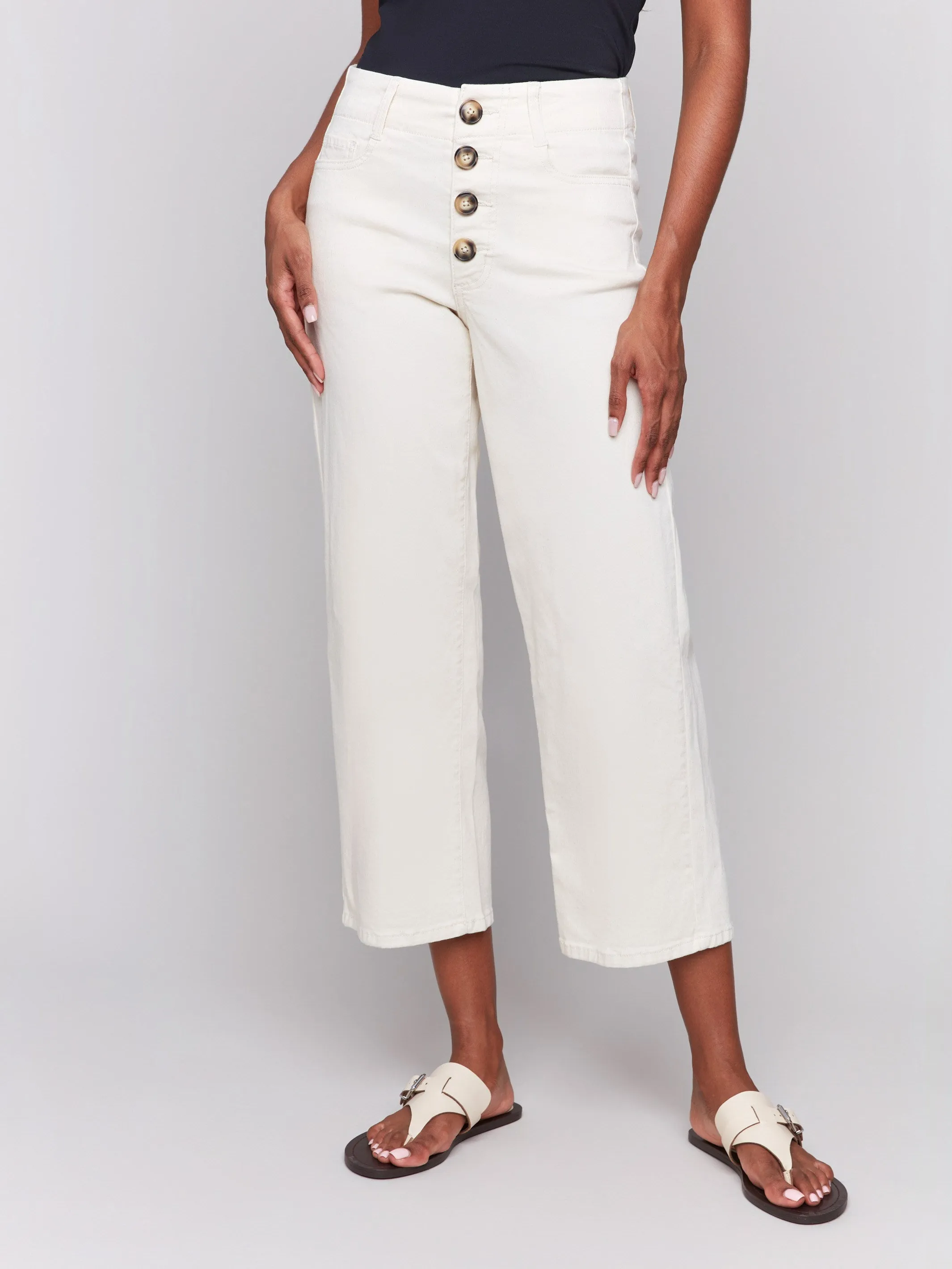 Double Stitched Front Button-Fly Crop Twill Pants - Natural