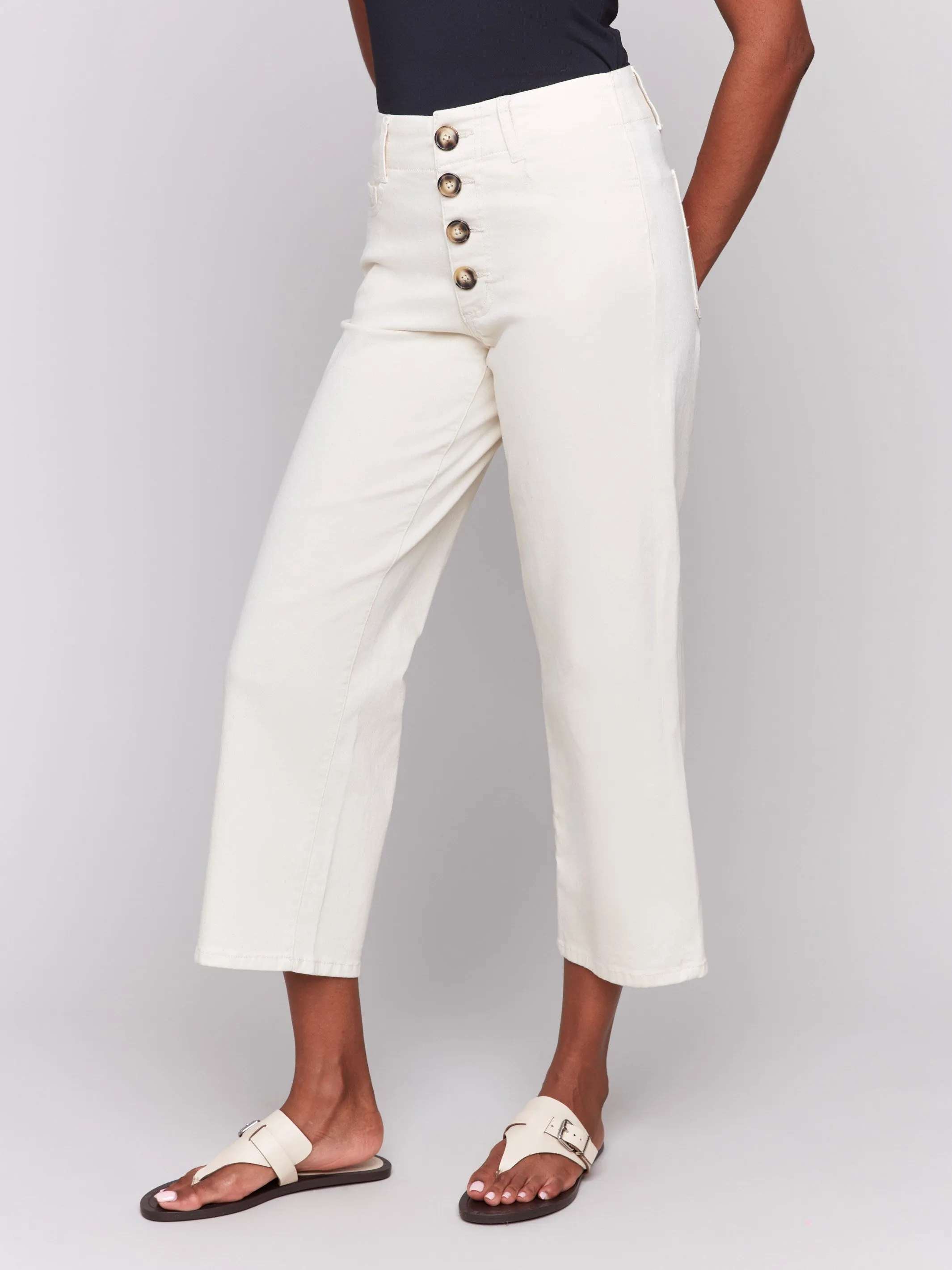 Office Friendly Front Button-Fly Crop Twill Pants - Natural