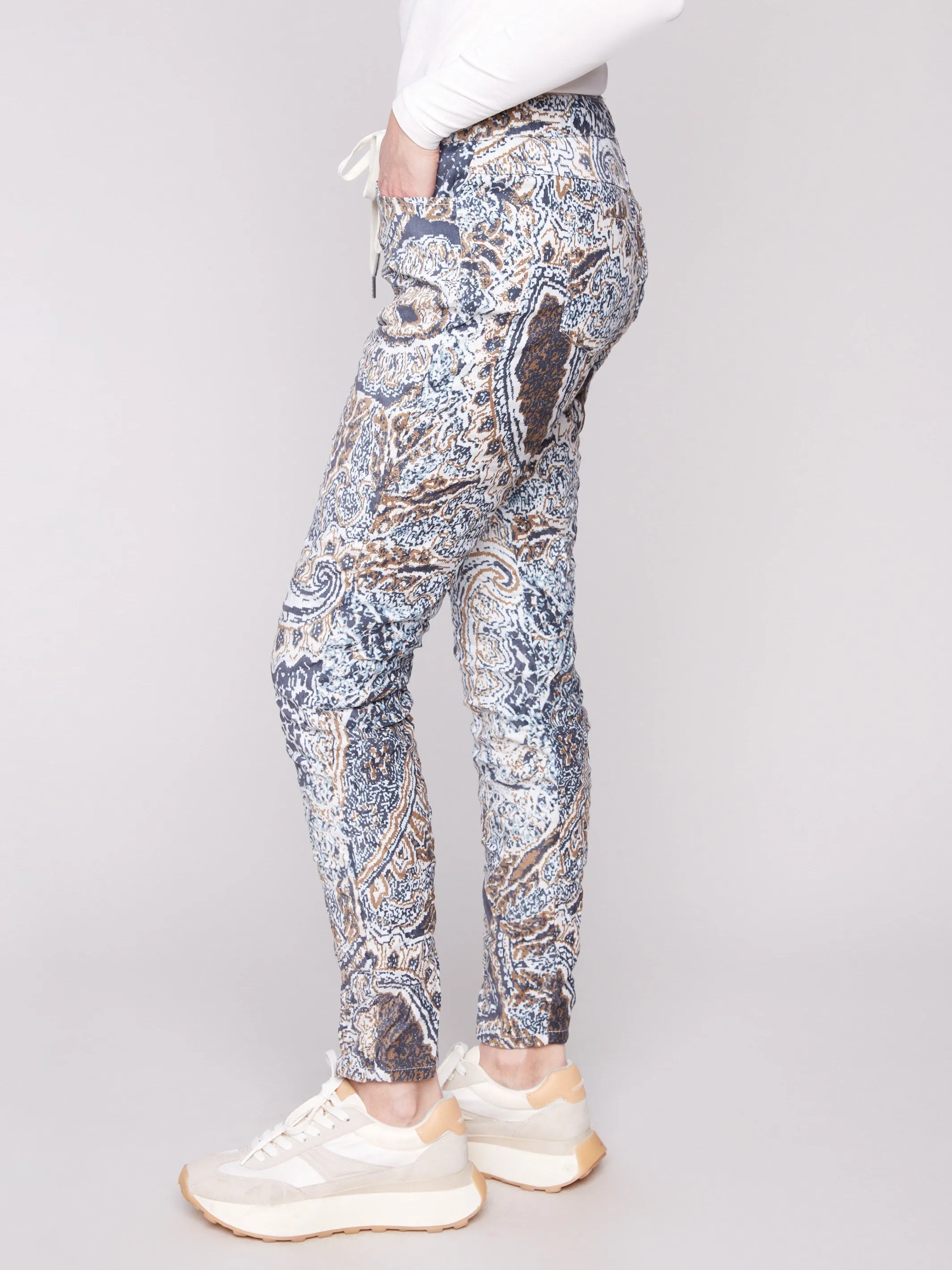 Printed Crinkle Suede Jogger Pants - Bohemian Side zipper BreathableLining
