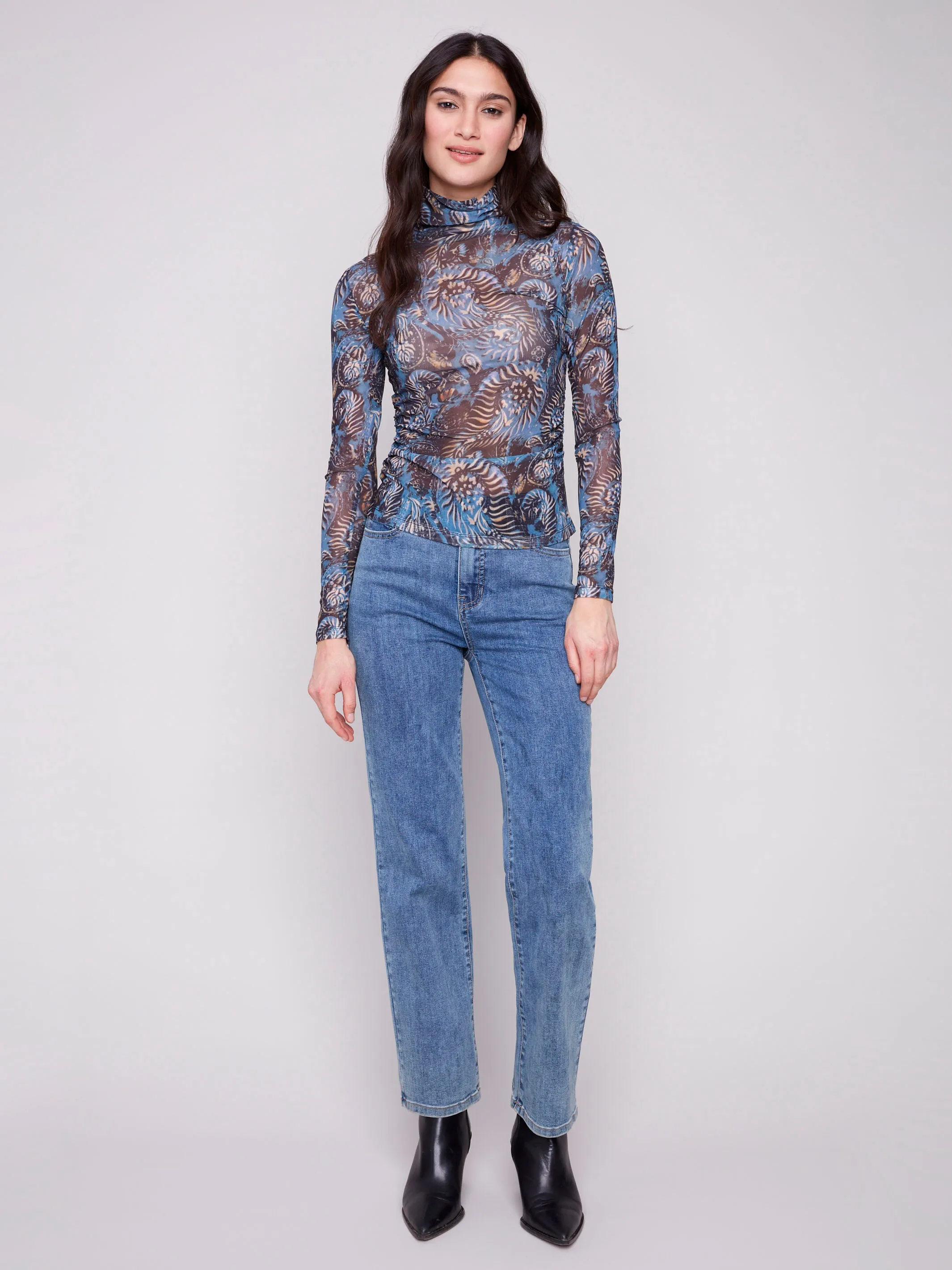 Printed Mock Neck Mesh Top - Midnight Comfortable Collar ElasticTrimming