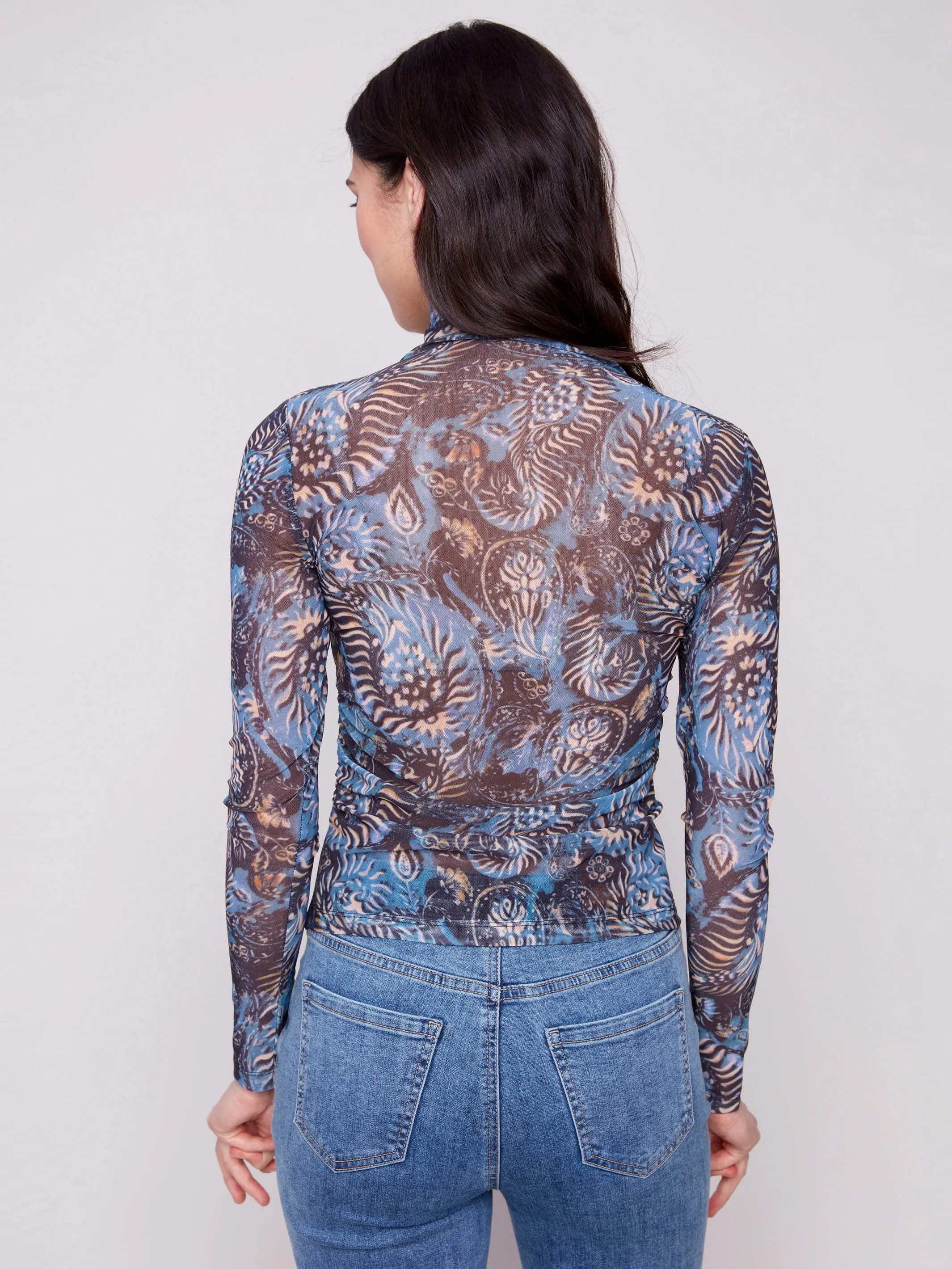 Printed Mock Neck Mesh Top - Midnight OversizedSilhouette