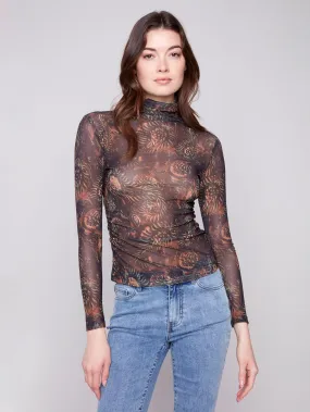 TwoToneEffect Printed Mock Neck Mesh Top - Spruce
