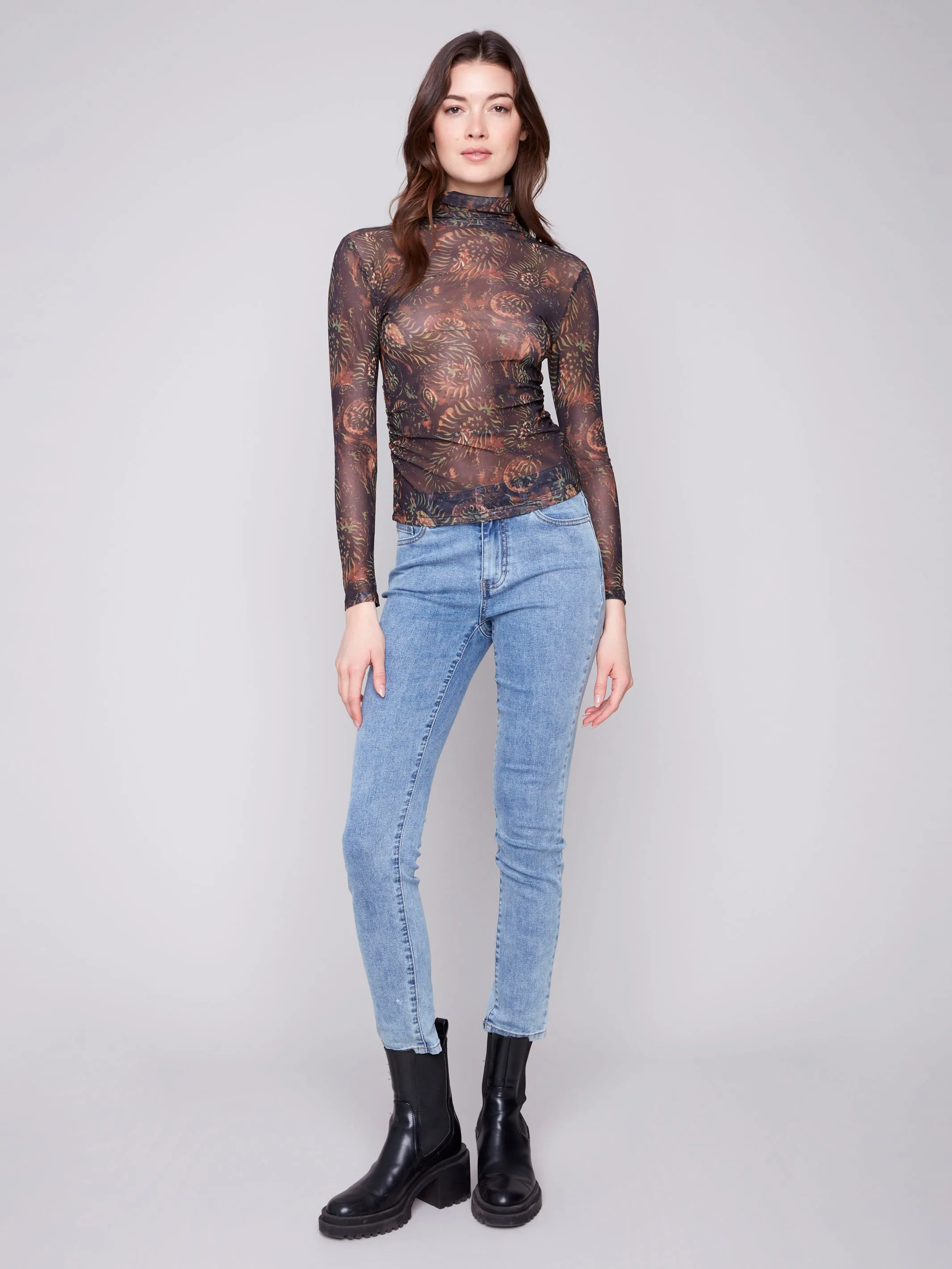 Circular Knit Technology Printed Mock Neck Mesh Top - Spruce