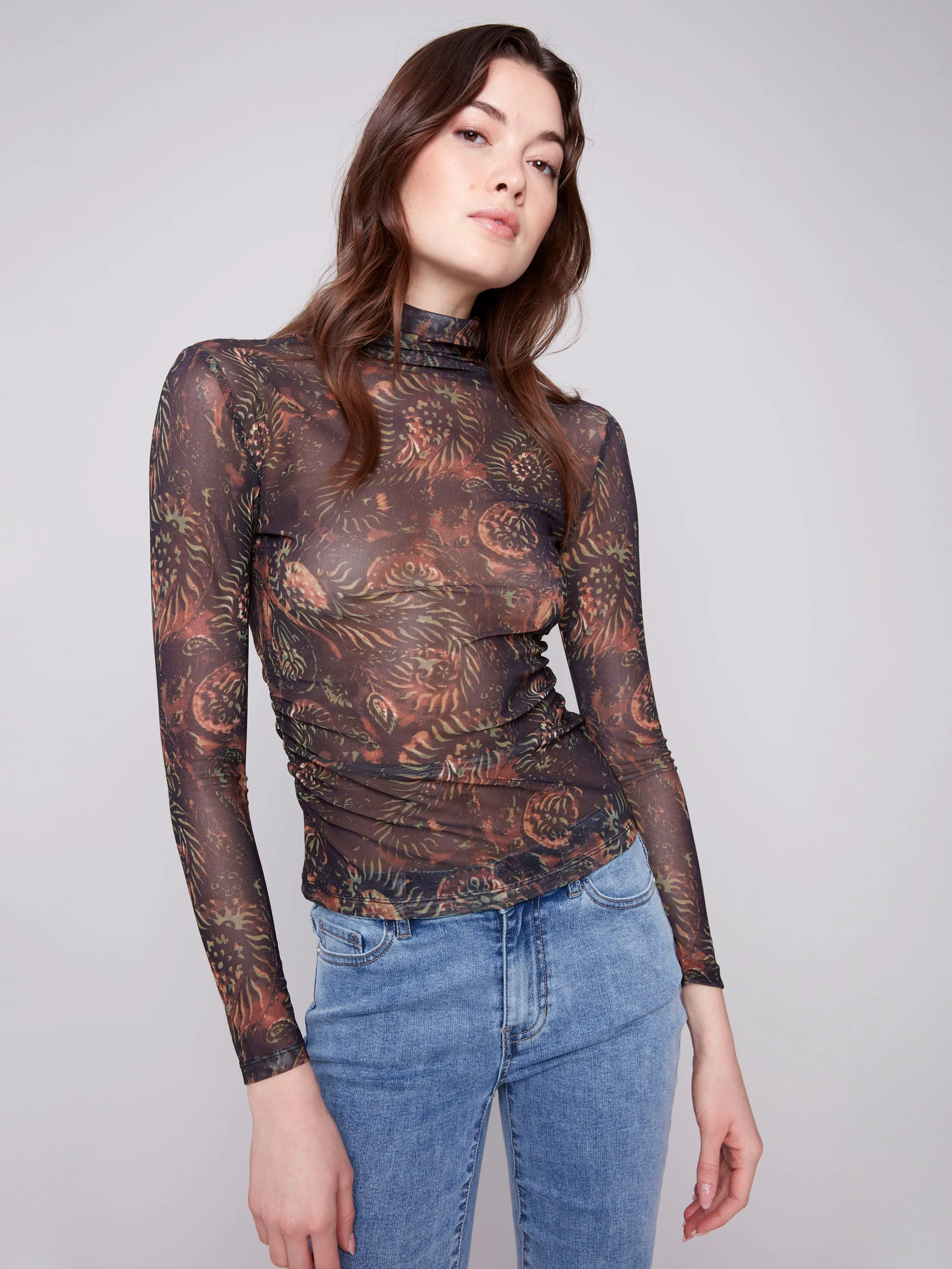 Midweight Four Way Stretch Printed Mock Neck Mesh Top - Spruce