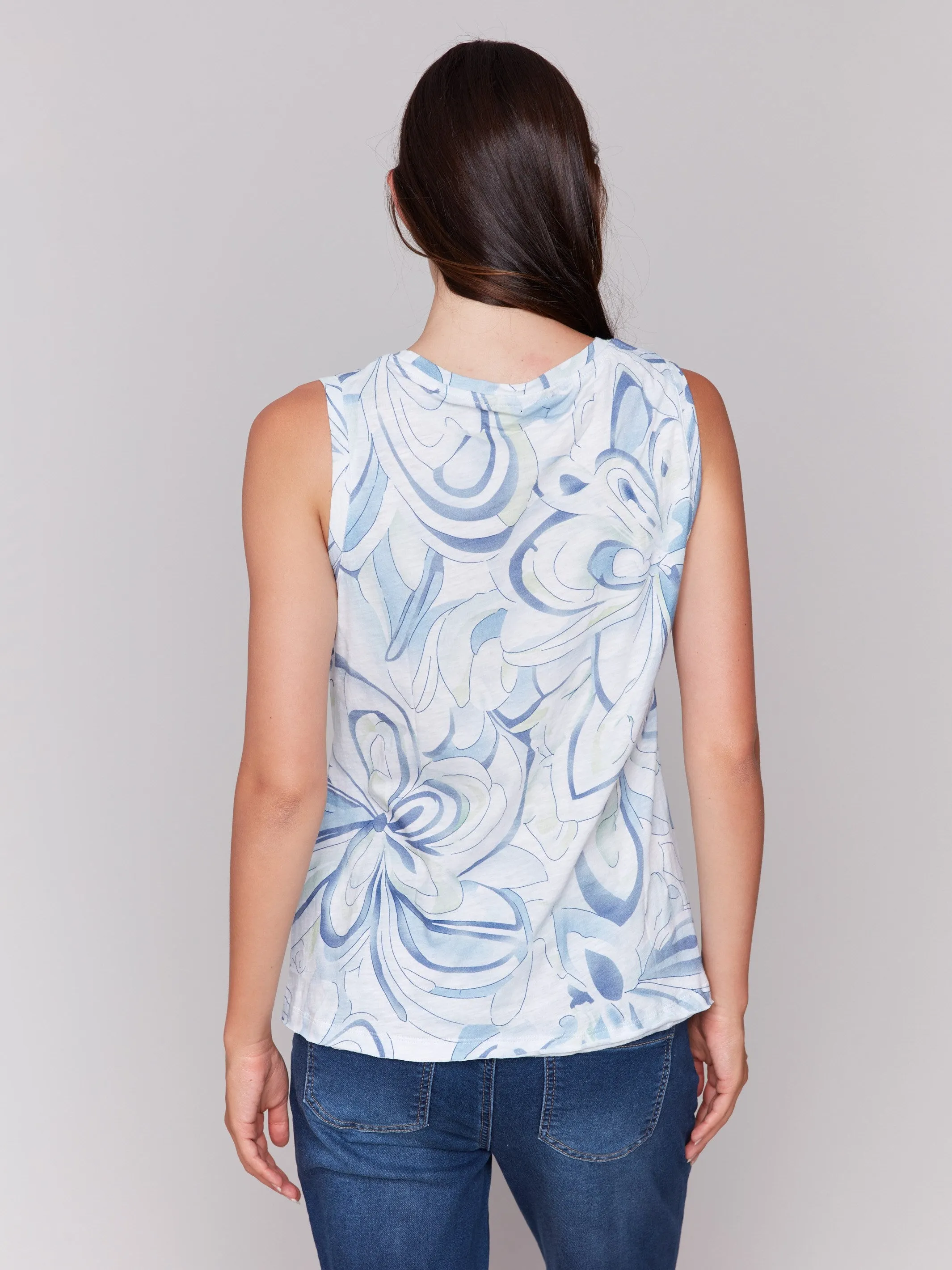 Printed Organic Cotton Sleeveless Top - Swirls YarnDyed Stripes Moisture Control Lining