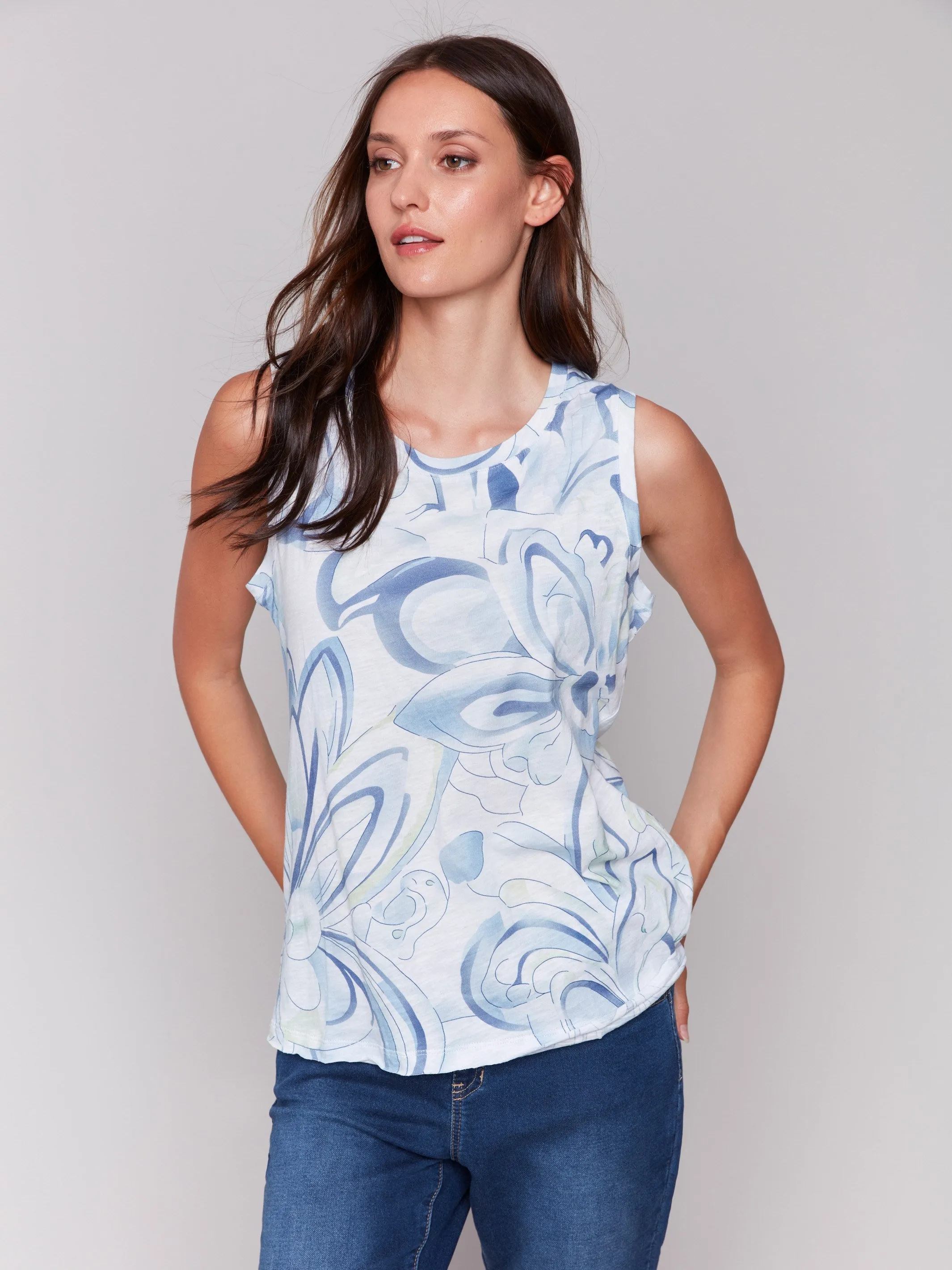 Printed Organic Cotton Sleeveless Top - Swirls Hidden Ventilation Zones Daily Wear