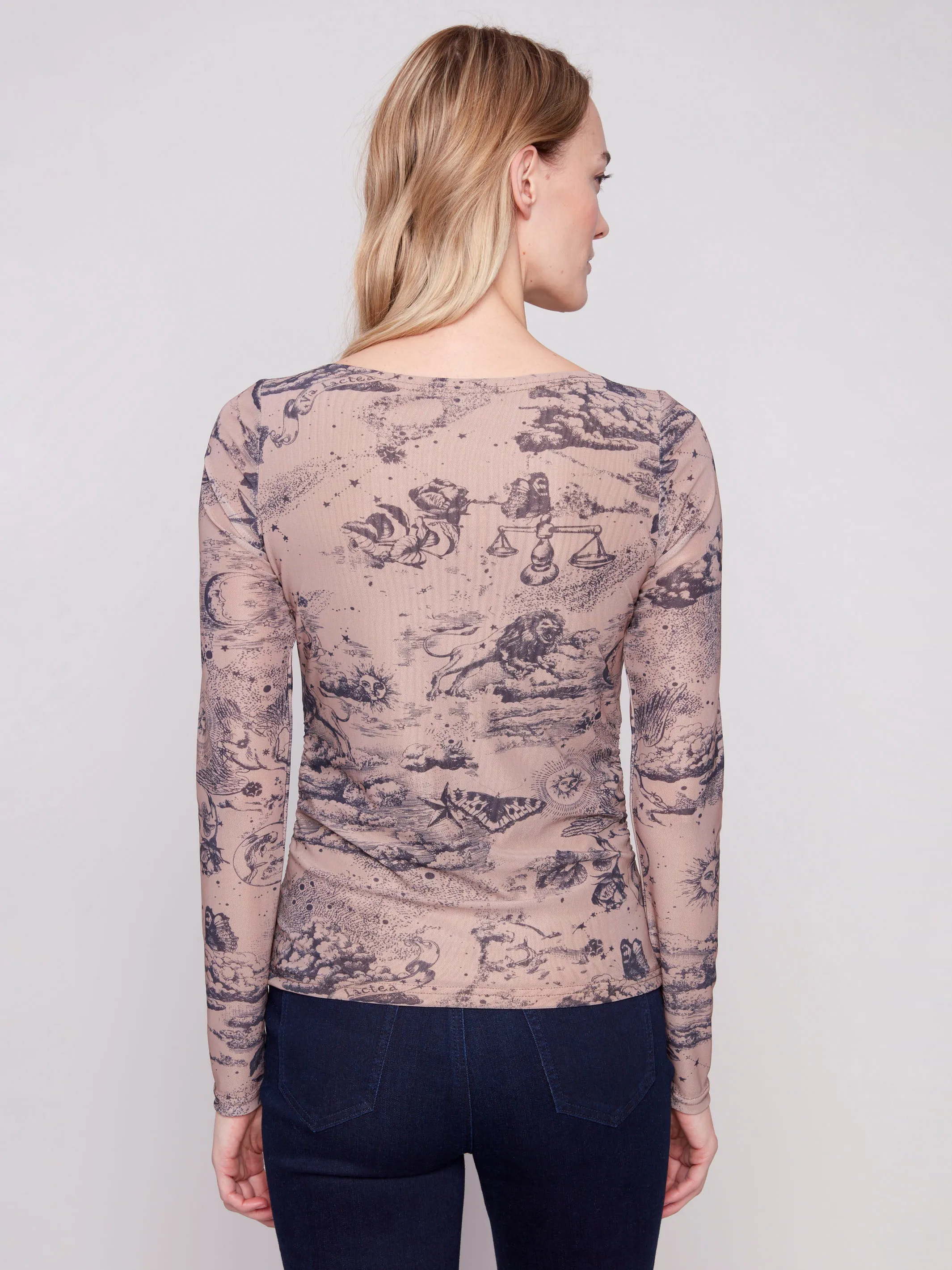 Printed Ruched Mesh Top - Astrology UPFProtection
