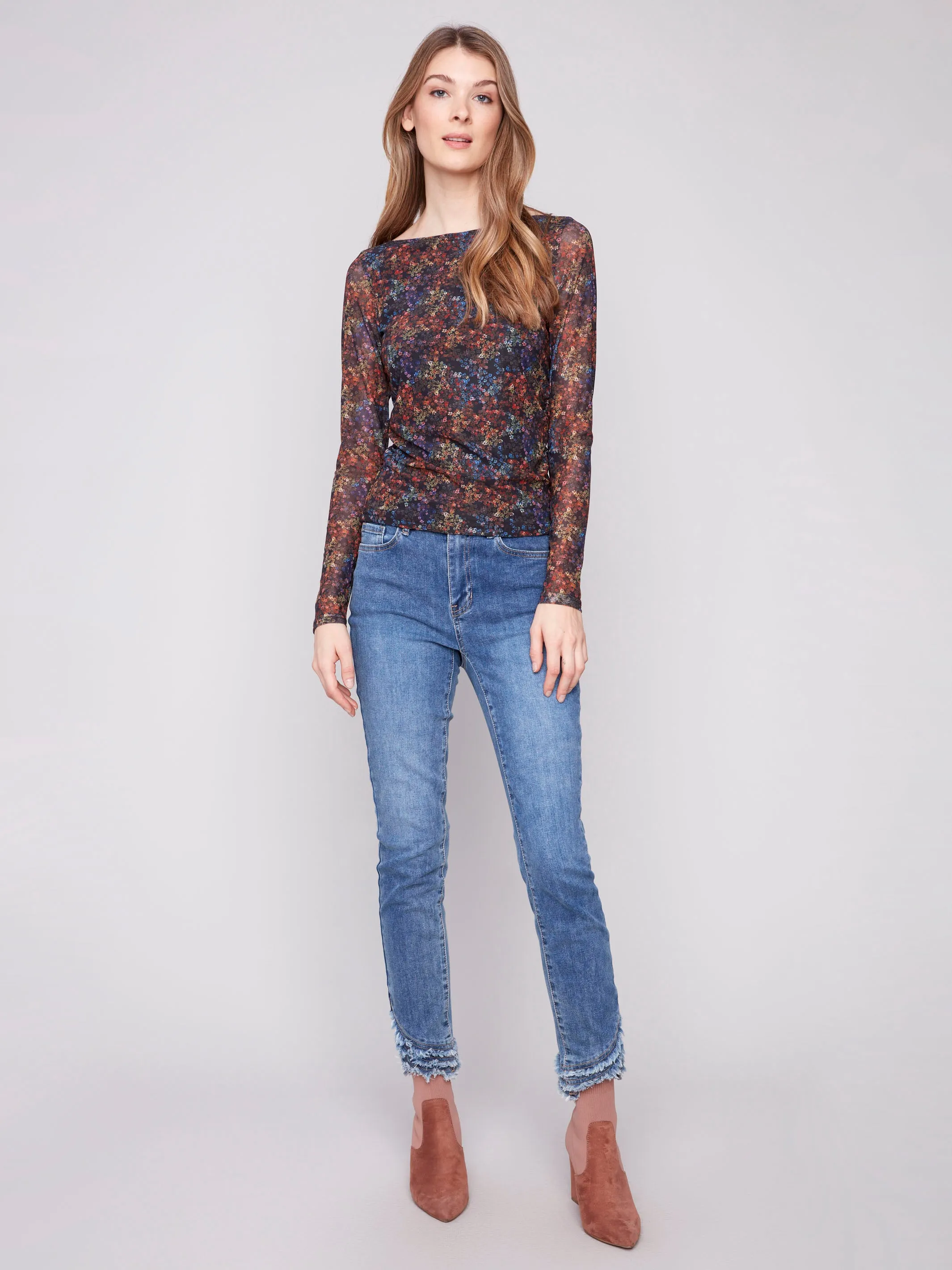 Printed Ruched Mesh Top - Floret Soft Hoodie