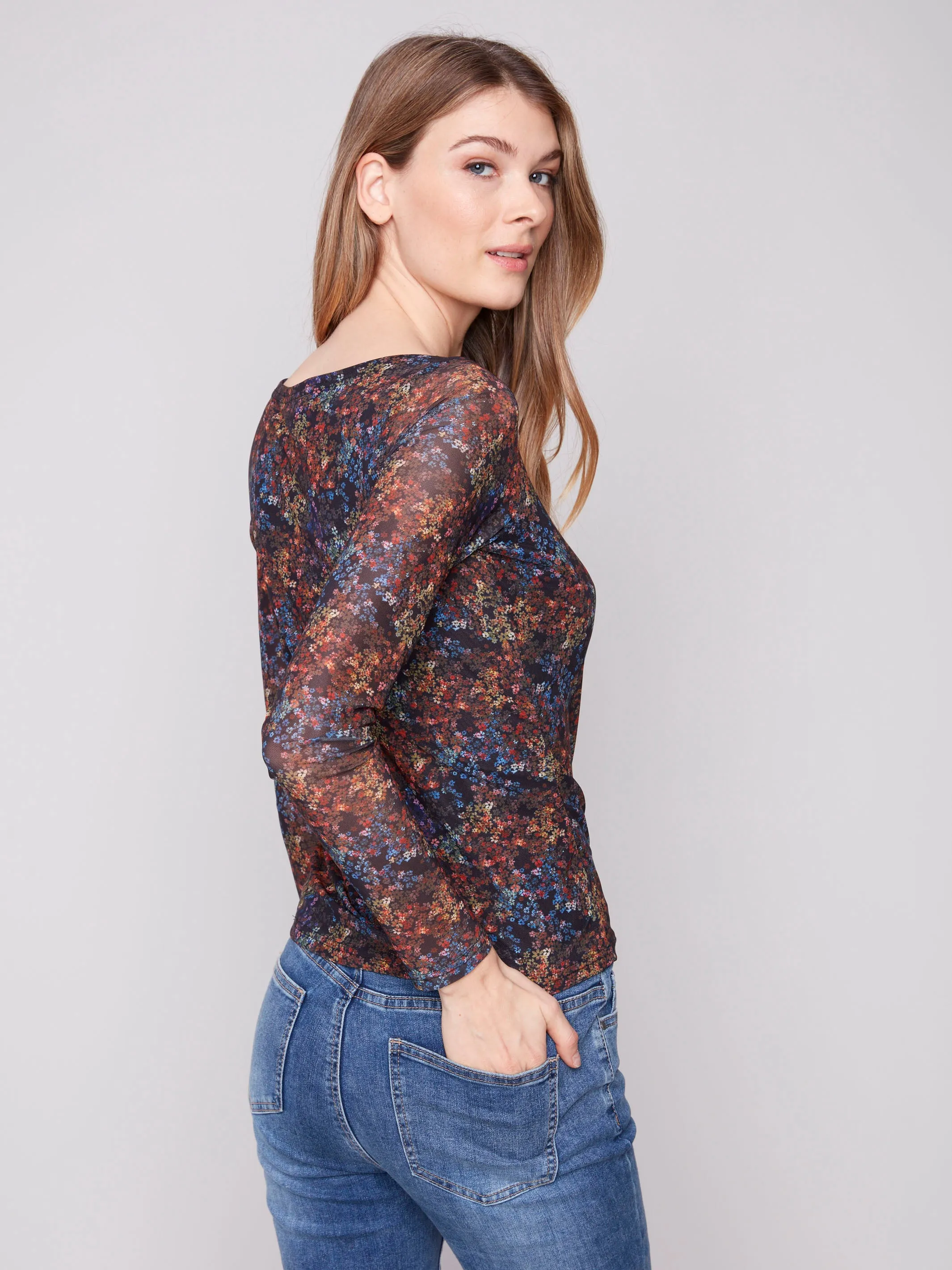 Printed Ruched Mesh Top - Floret Wrinkle Resistant Weave