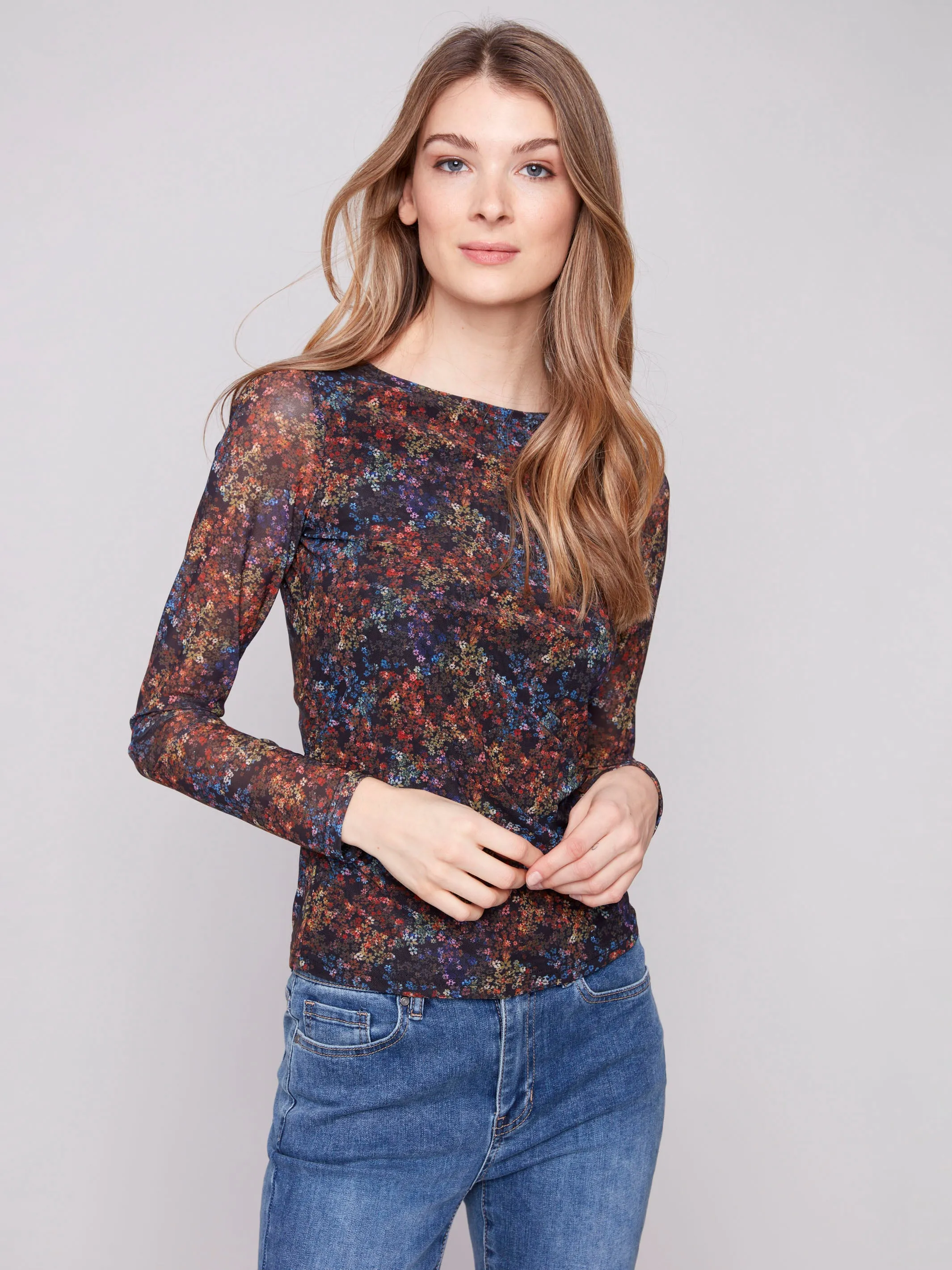 Printed Ruched Mesh Top - Floret hypoallergenic material Quick Dry Tech