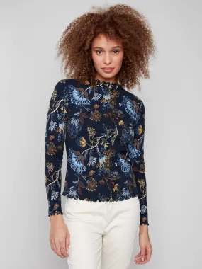 BreathableMeshInsert Printed Ruffle Mock Neck Top - Rio