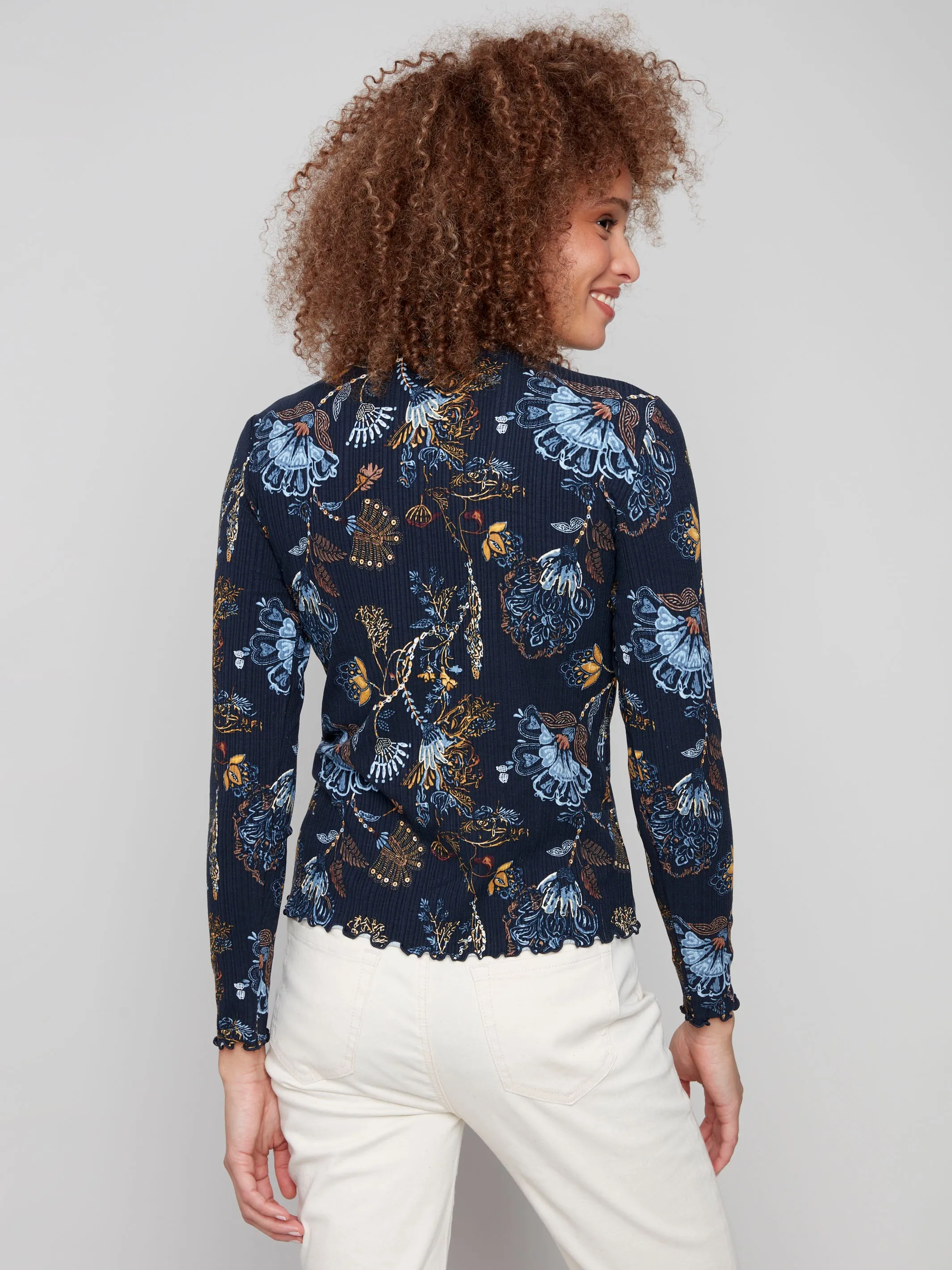 Odor Resistant Printed Ruffle Mock Neck Top - Rio