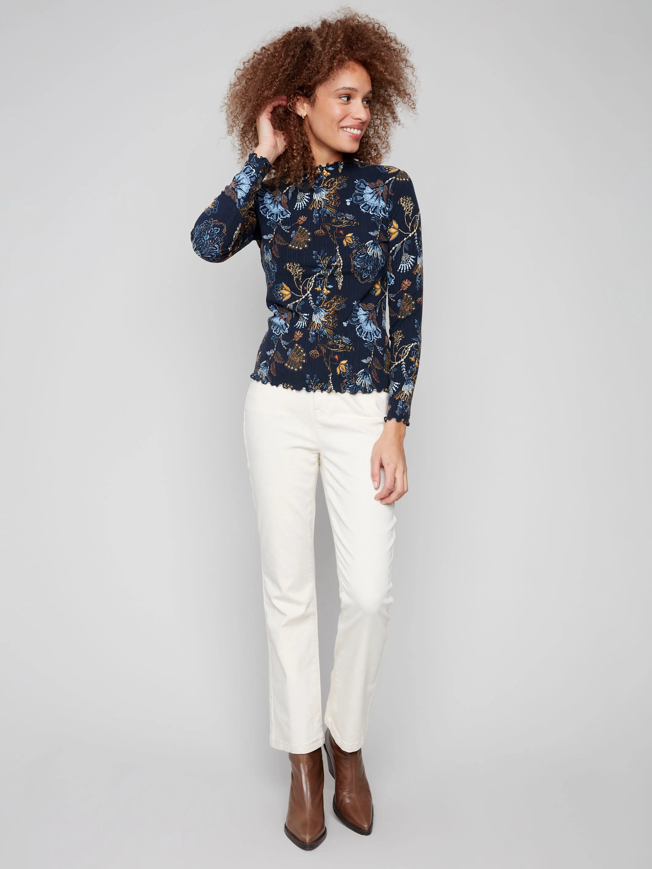 UltraSoft Blend UVProtection Printed Ruffle Mock Neck Top - Rio