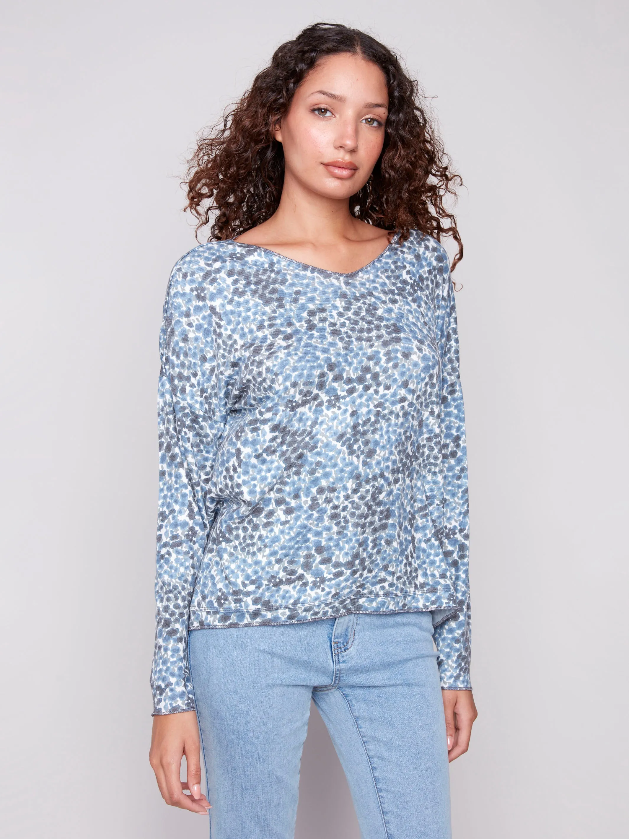 Printed V-Neck Knit Top - Ditsy Adjustable Fit System SoftTouchBrushedInterior