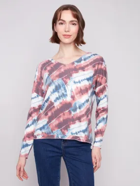 Printed V-neck Knit Top - Dreamy Pink Stylish T-shirt