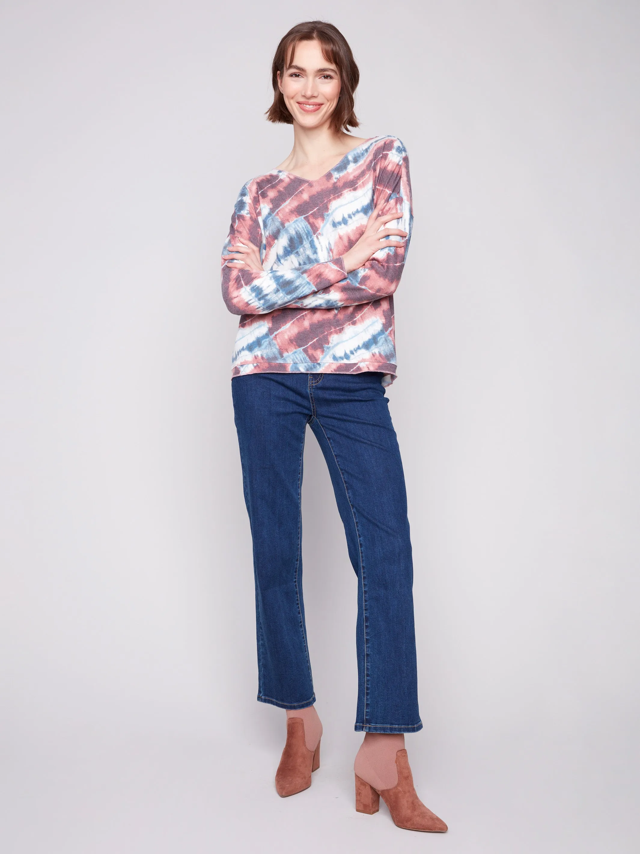 FlexibleCuffs Printed V-neck Knit Top - Dreamy Pink