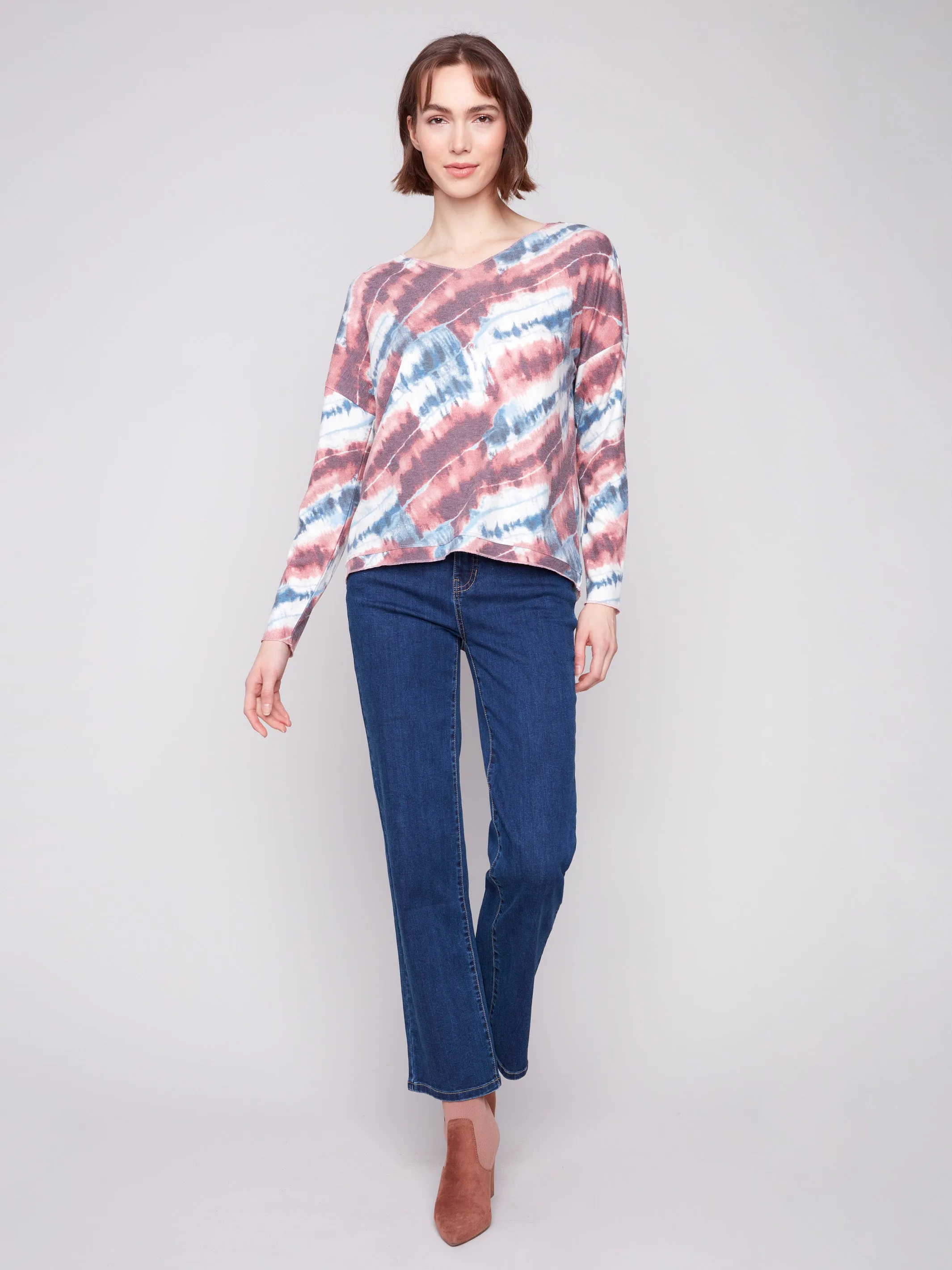 AntiStaticInnerLining Printed V-neck Knit Top - Dreamy Pink