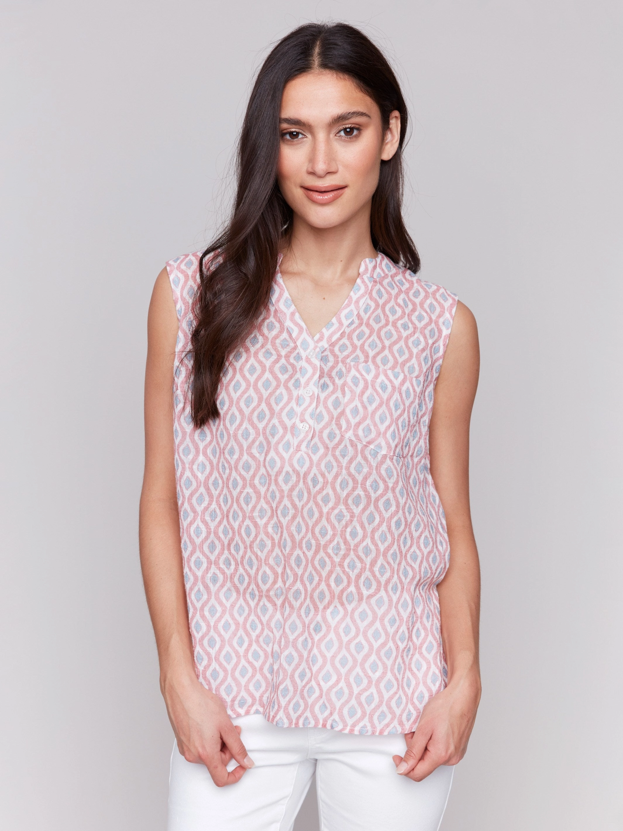 Printed Cotton Gauze Sleeveless Shirt - Waves abnormal without zippers